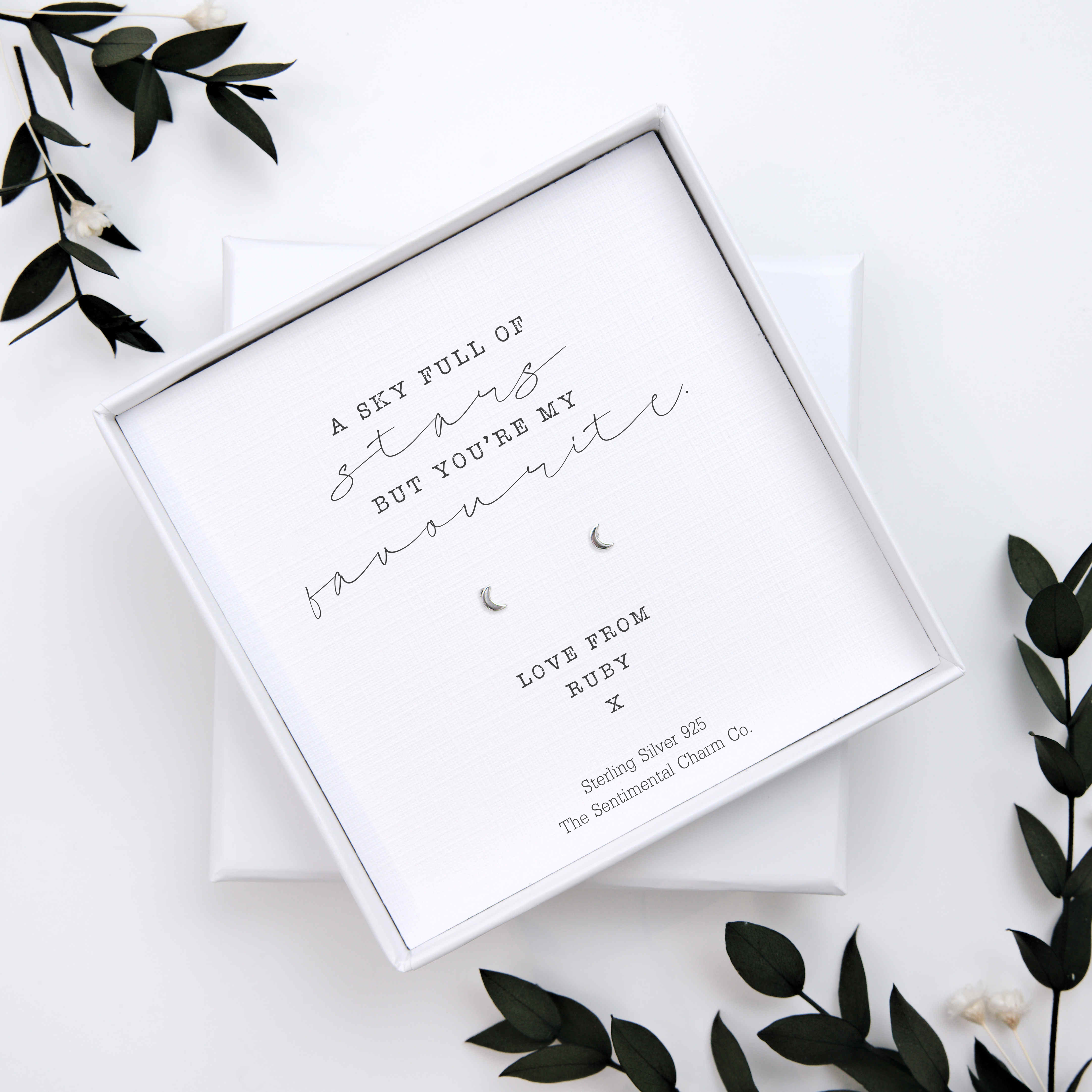Small Gift of Love – “A Sky Full of Stars, But You’re My Favourite” Sterling Silver Stud Earrings with Personalised Message