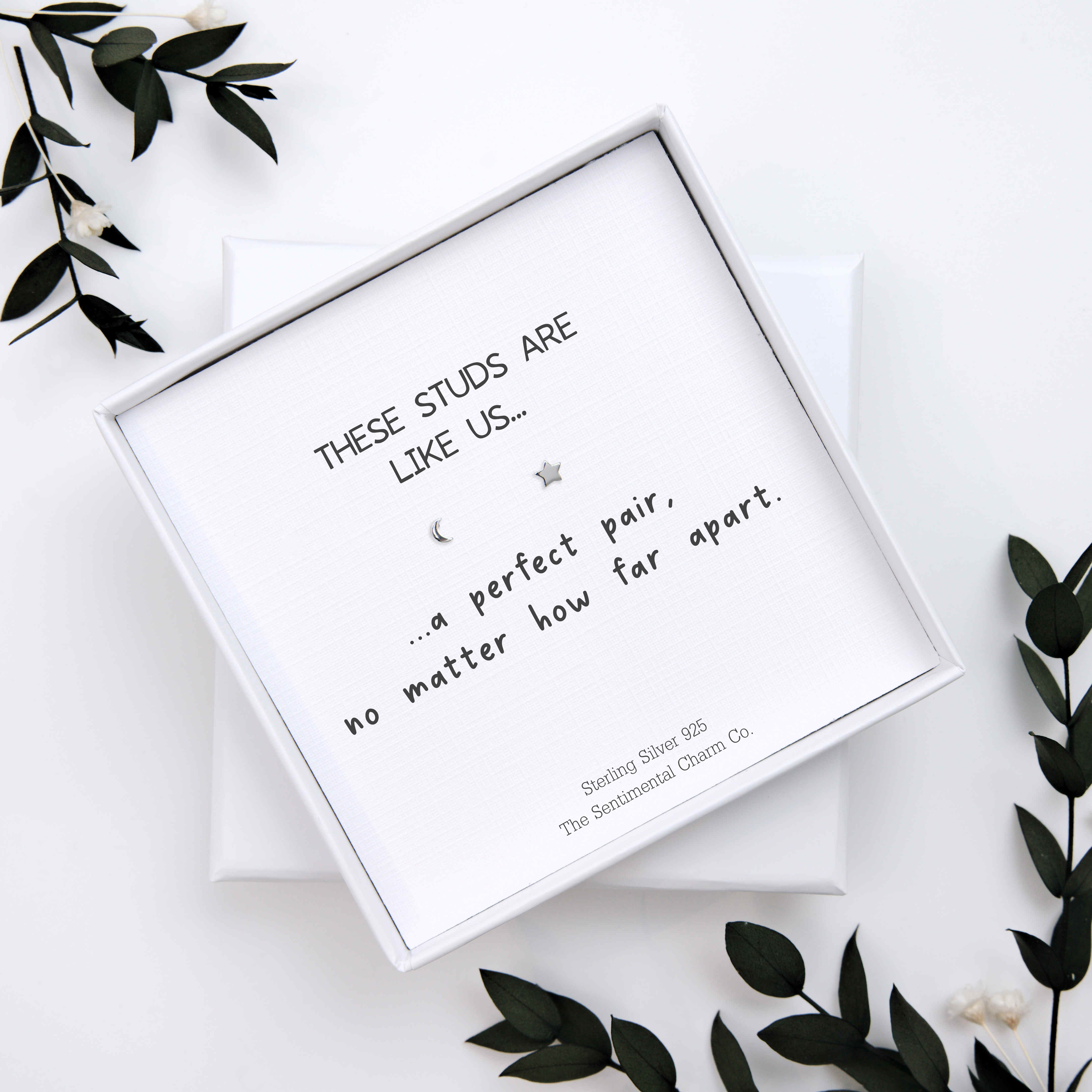Long Distance Friendship Gift – “A Perfect Pair, No Matter How Far Apart” Sterling Silver Stud Earrings with Personalised Message