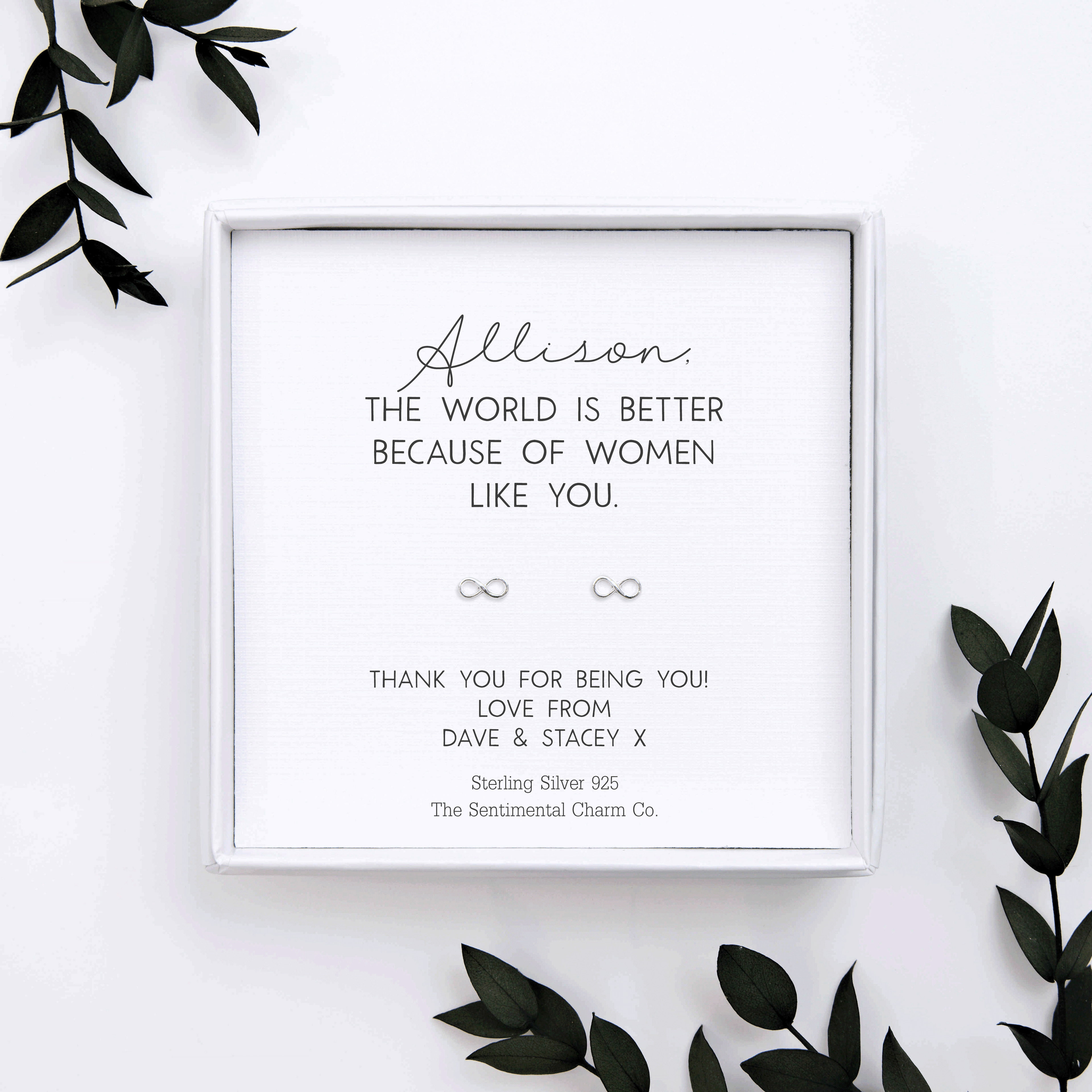 Personalised “___ The World Is Better Because of Women Like You” Sterling Silver Stud Earrings