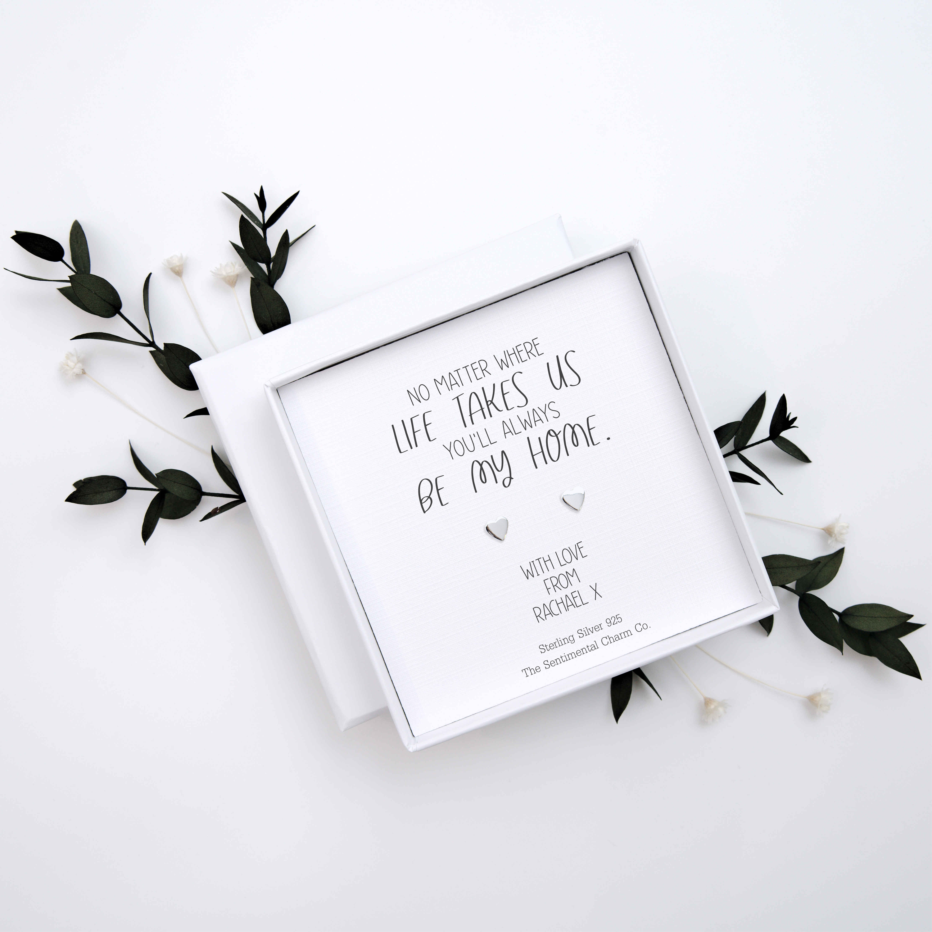 Long Distance Keepsake Gift – “No Matter Where Life Takes Us” Sterling Silver Stud Earrings with Personalised Message