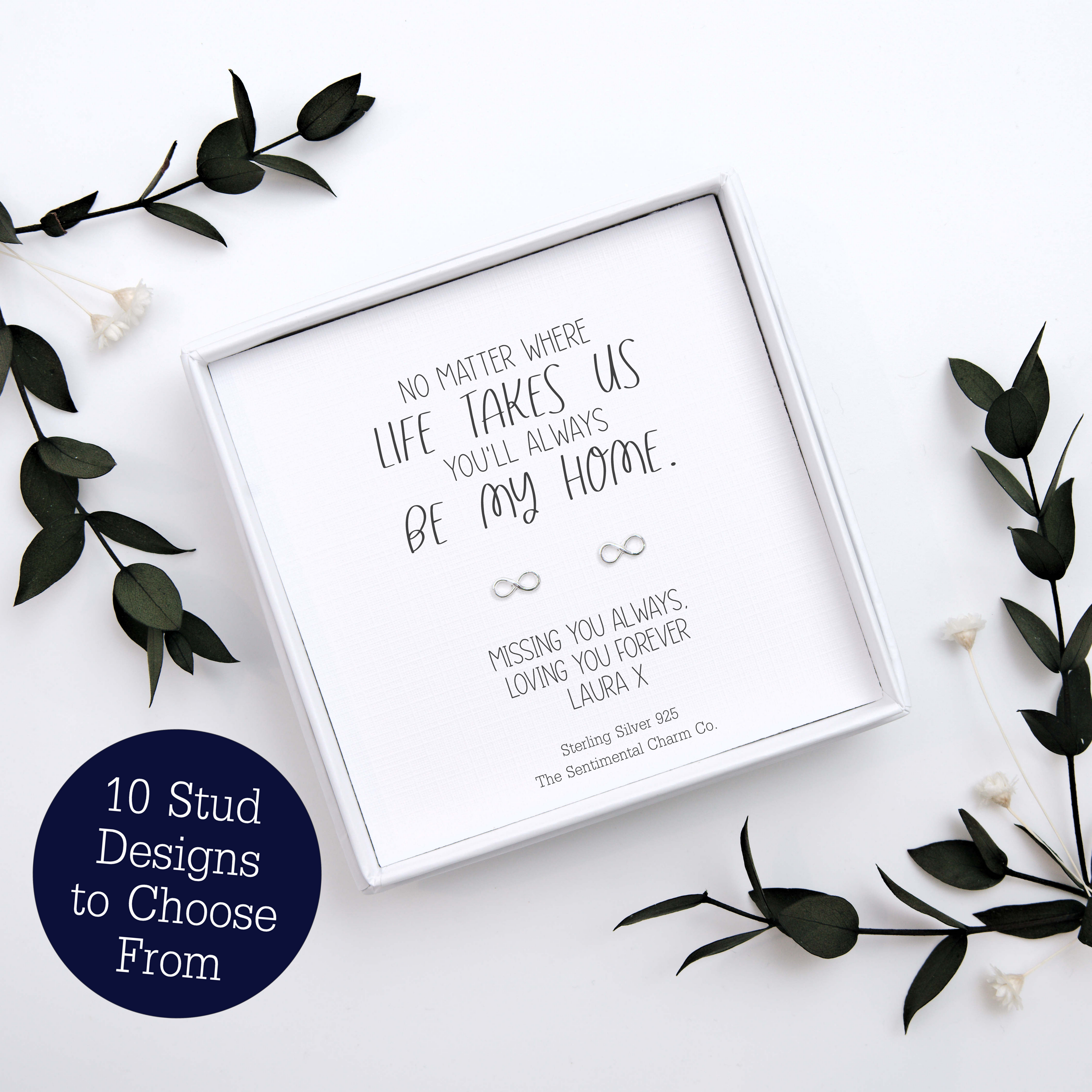 Long Distance Keepsake Gift – “No Matter Where Life Takes Us” Sterling Silver Stud Earrings with Personalised Message