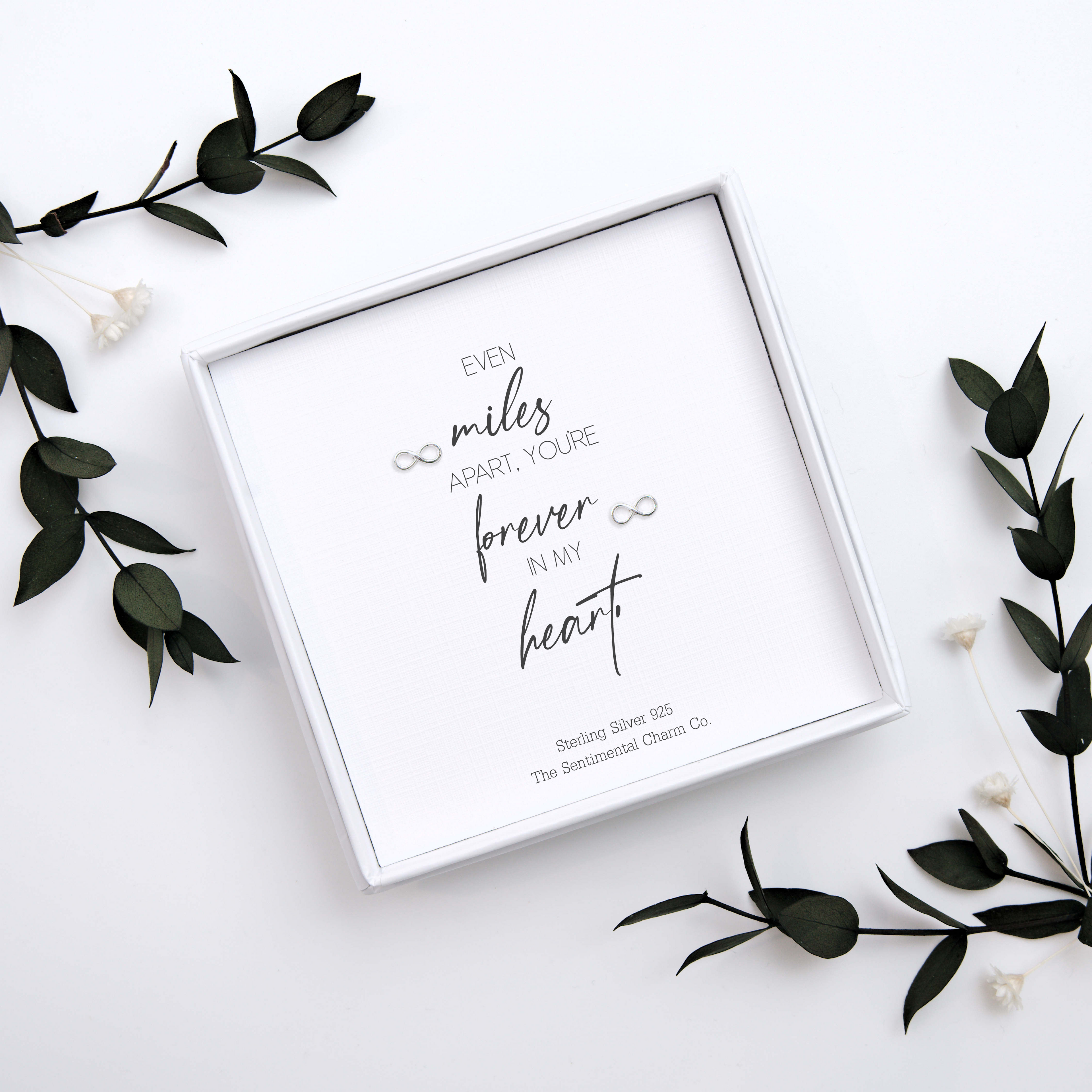 Long Distance Keepsake Gift – “Even Miles Apart, You’re Forever in My Heart” Sterling Silver Stud Earrings with Personalised Message