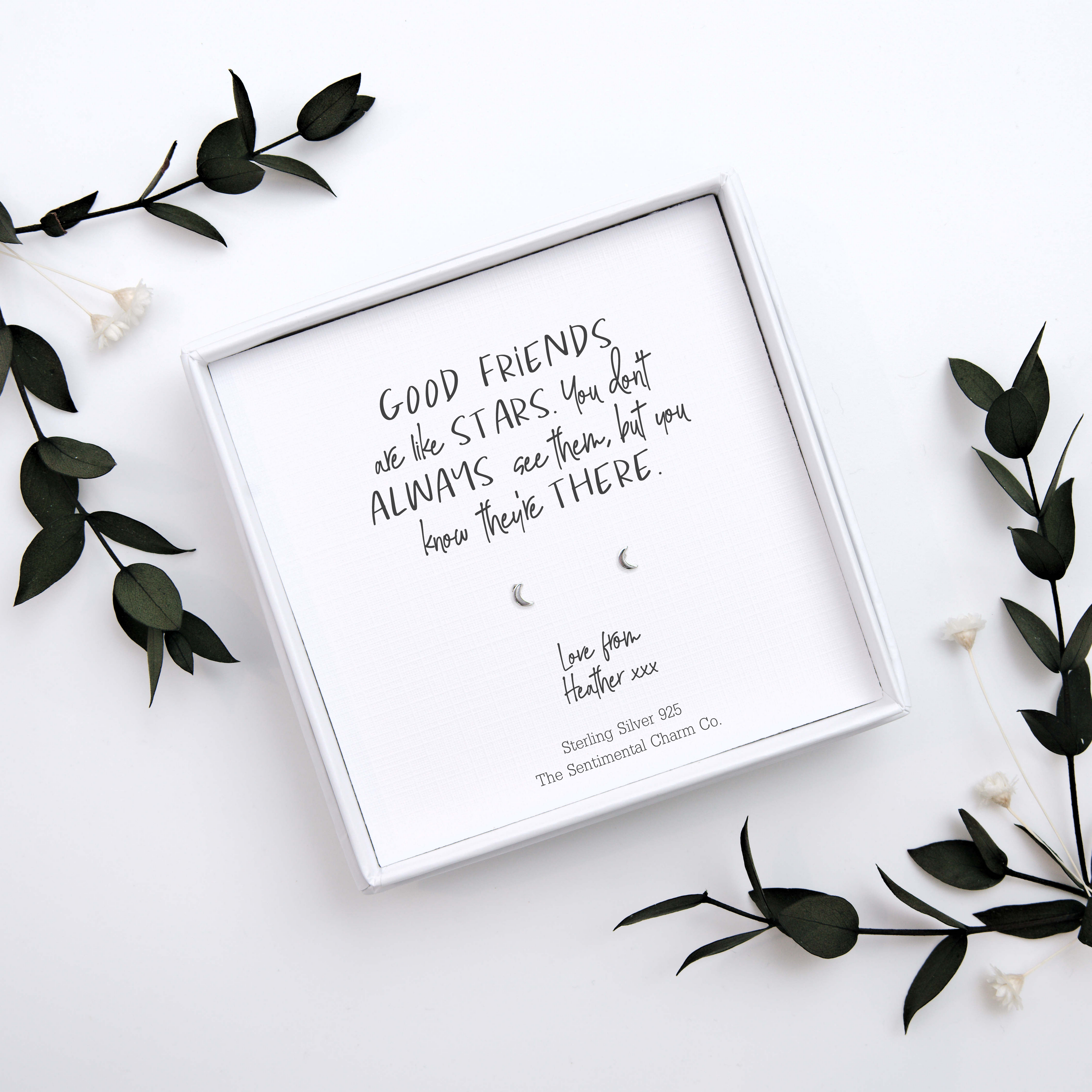 Friendship Gift – “Good Friends Are Like Stars” Sterling Silver Geometric Stud Earrings with Personalised Message