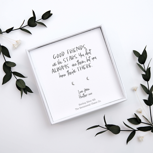 Friendship Gift – “Good Friends Are Like Stars” Sterling Silver Geometric Stud Earrings with Personalised Message