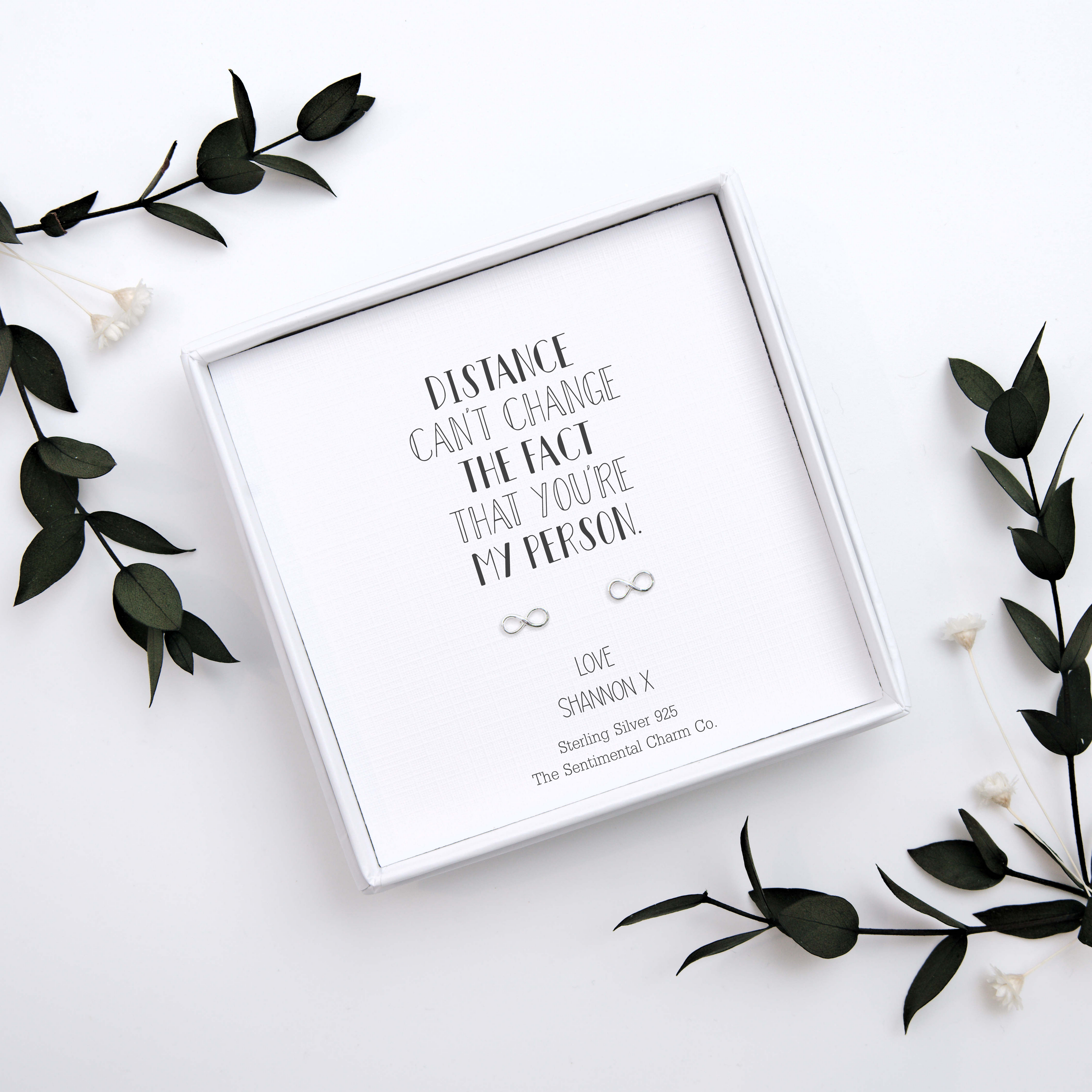 Long Distance Relationship Gift – “Distance Can’t Change the Fact That You’re My Person” Sterling Silver Stud Earrings with Personalised Message