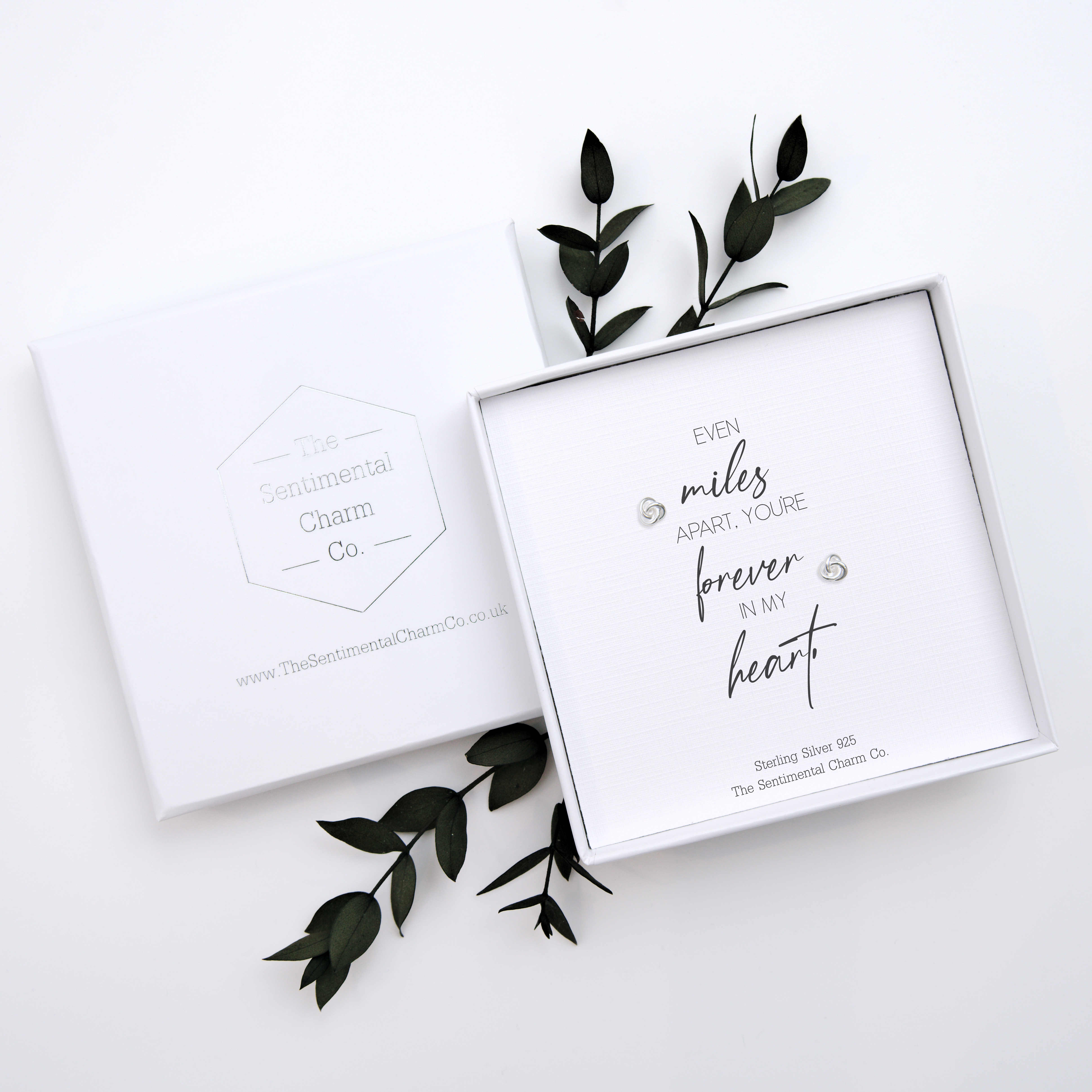Long Distance Keepsake Gift – “Even Miles Apart, You’re Forever in My Heart” Sterling Silver Stud Earrings with Personalised Message