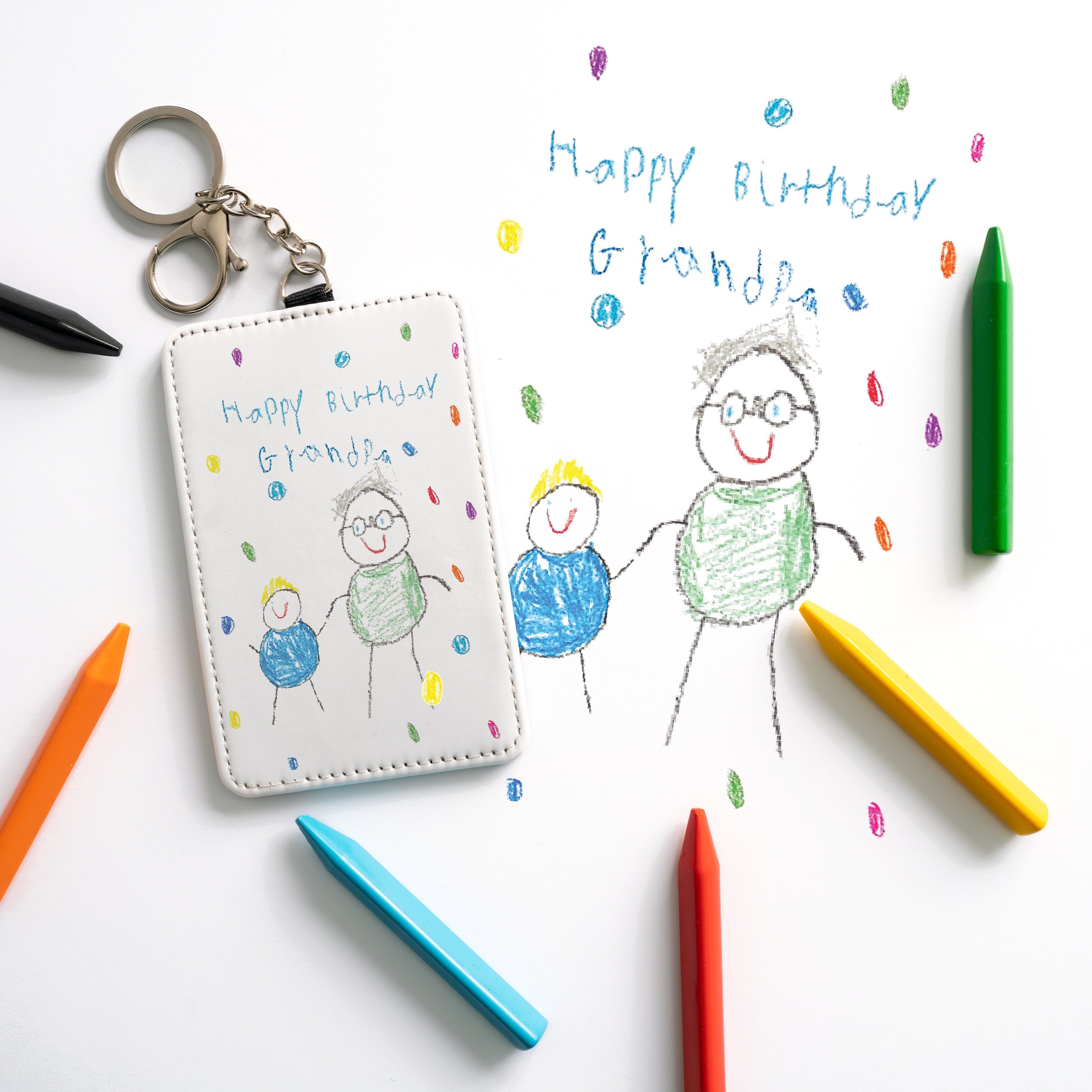 Custom Childs Artwork Card Holder Keyring Gift for Dad, Grandad, Uncle, Godfather etc Custom Printed Kids Drawing Slim Wallet