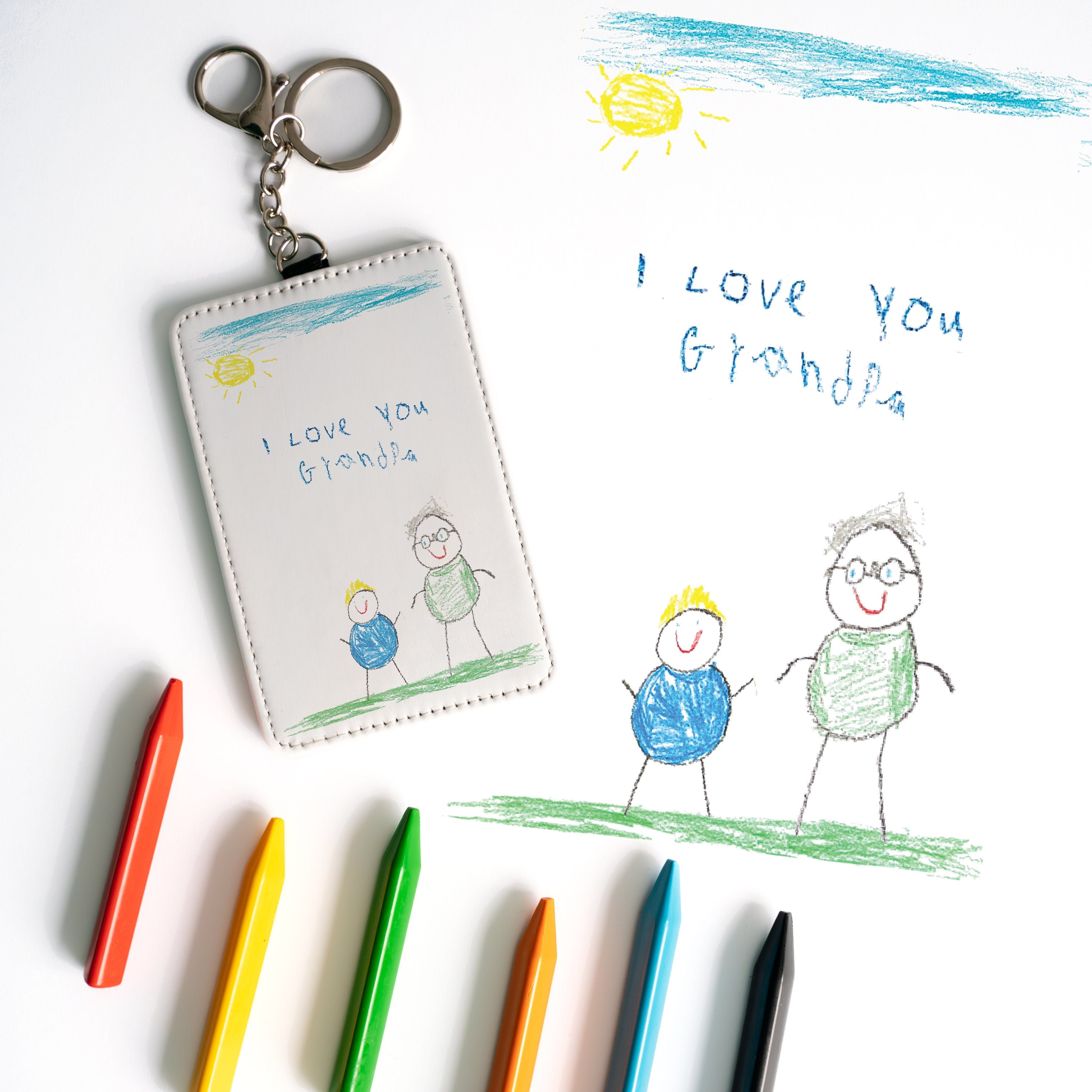 Custom Childs Artwork Card Holder Keyring Gift for Dad, Grandad, Uncle, Godfather etc Custom Printed Kids Drawing Slim Wallet