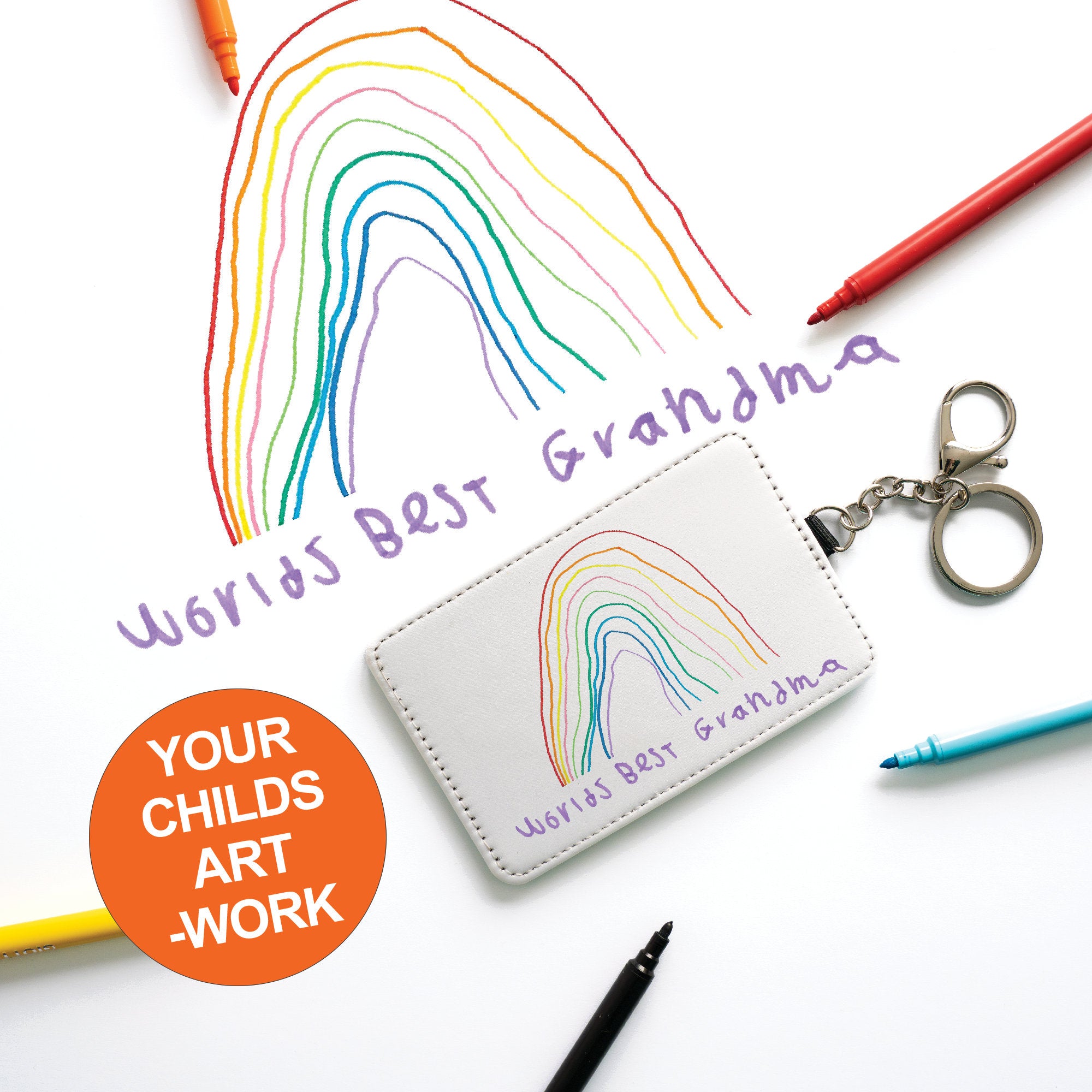 Personalised Childs Artwork Card Holder Keyring Gift for Mum, Nan, Auntie, Godmother, Teacher etc Custom Printed Kids Drawing Slim Wallet