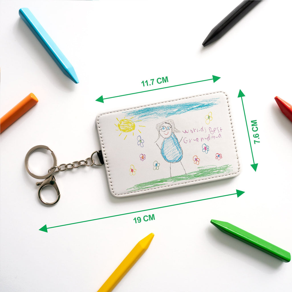 Personalised Childs Artwork Card Holder Keyring Gift for Mum, Nan, Auntie, Godmother, Teacher etc Custom Printed Kids Drawing Slim Wallet
