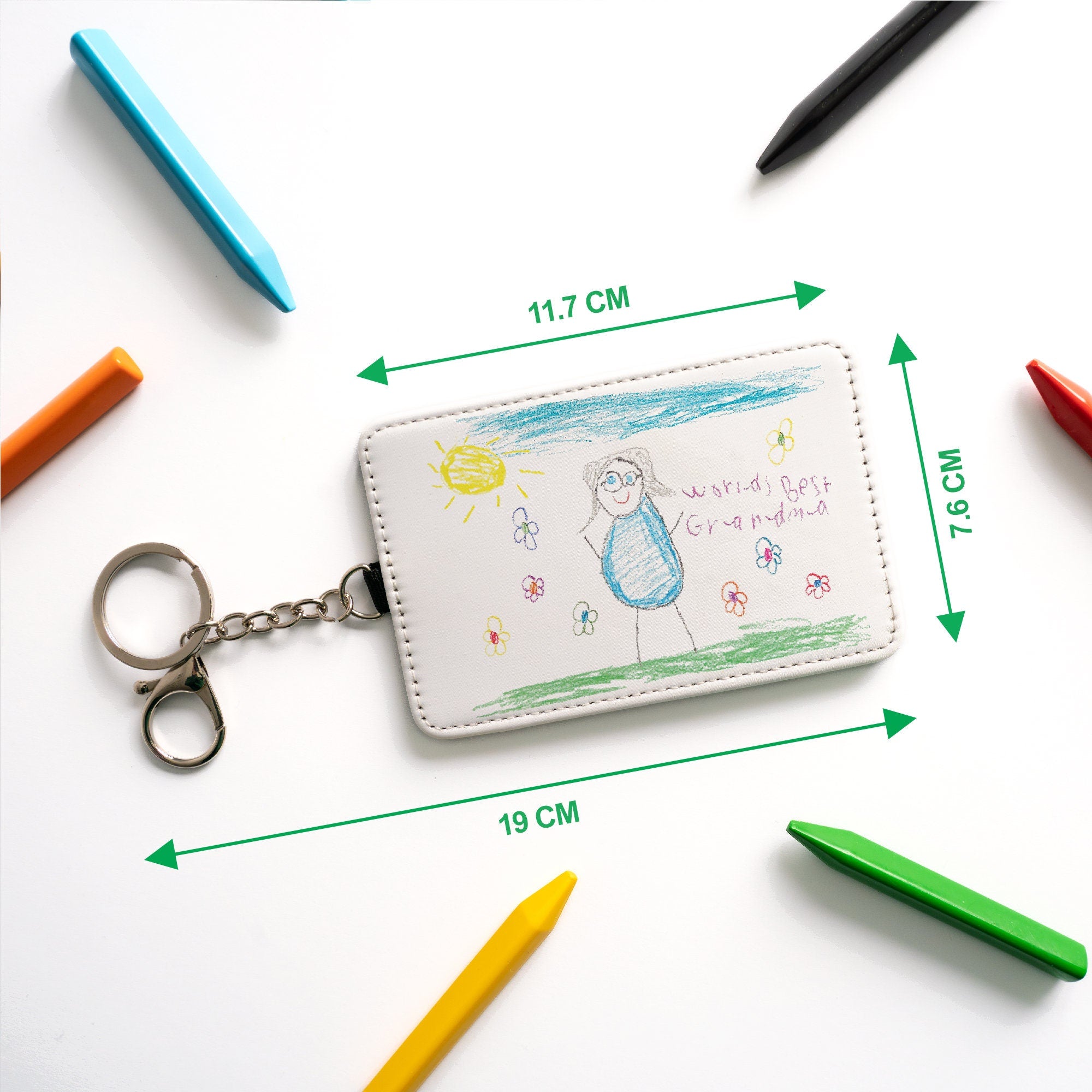 Personalised Childs Artwork Card Holder Keyring Gift for Mum, Nan, Auntie, Godmother, Teacher etc Custom Printed Kids Drawing Slim Wallet