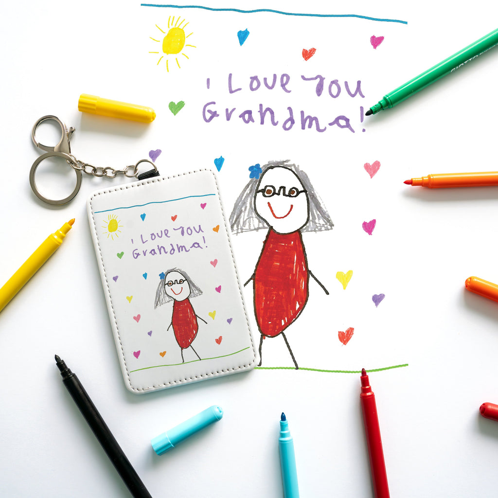 Personalised Childs Artwork Card Holder Keyring Gift for Mum, Nan, Auntie, Godmother, Teacher etc Custom Printed Kids Drawing Slim Wallet