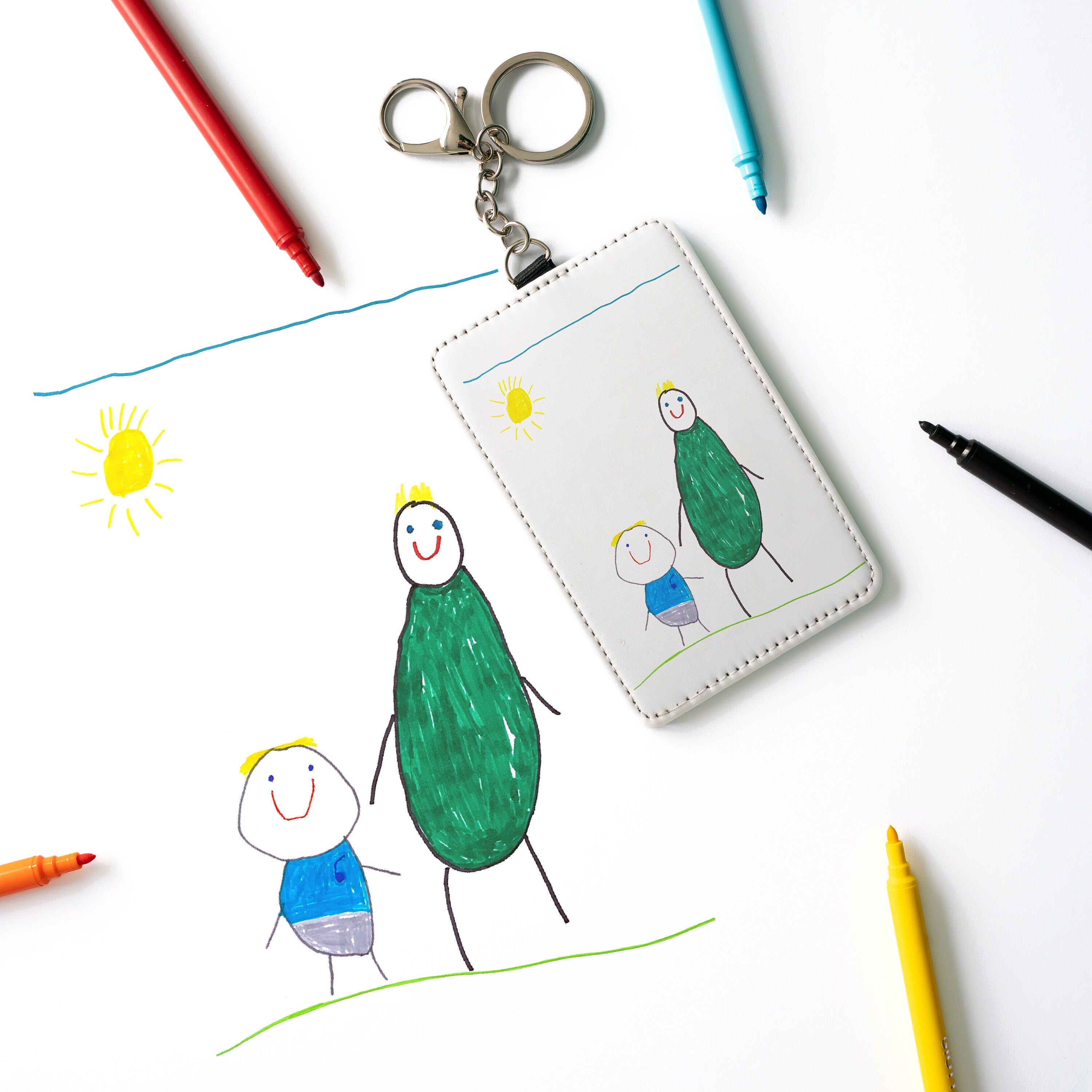 Custom Kids Artwork Card Holder Keychain - Personalised Childs Drawing Gift for Dad, Daddy, Grandad, Grandpa, Etc