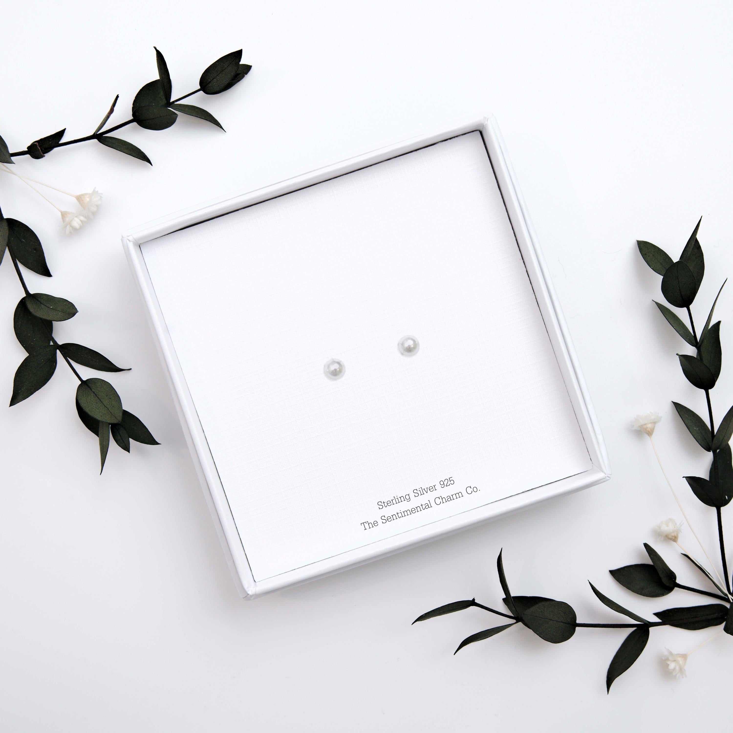 Sterling Silver 925 Pearl Stud Earrings – Minimalist Hypoallergenic Silver Simulated Pearl Studs