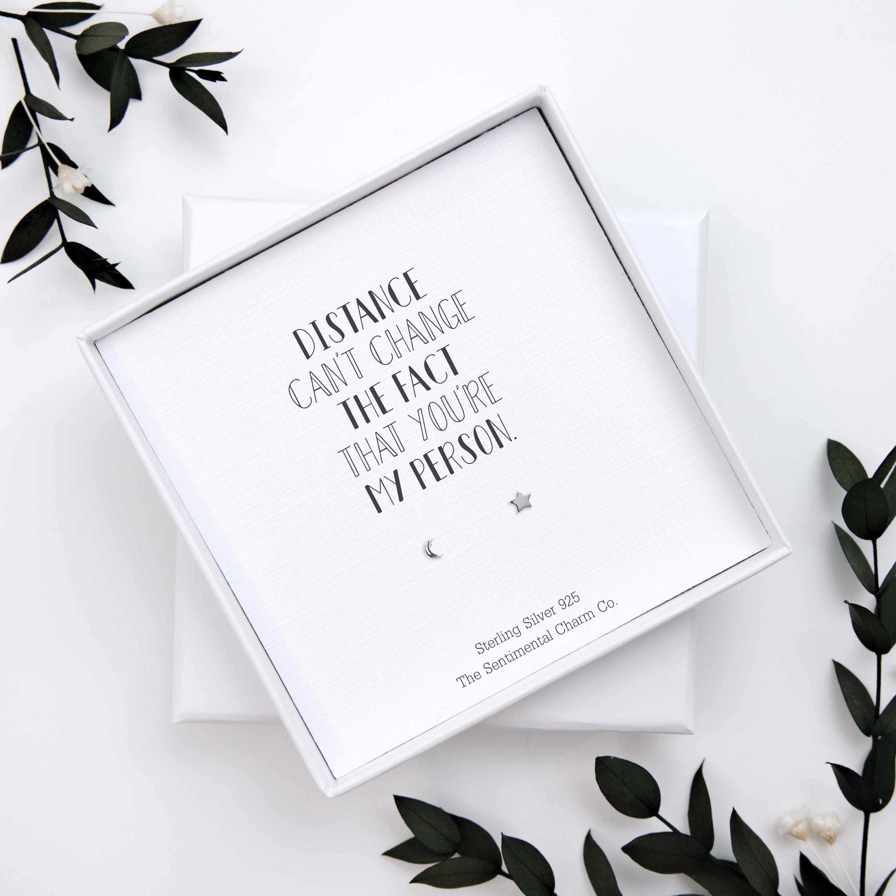 Long Distance Relationship Gift – “Distance Can’t Change the Fact That You’re My Person” Sterling Silver Stud Earrings with Personalised Message