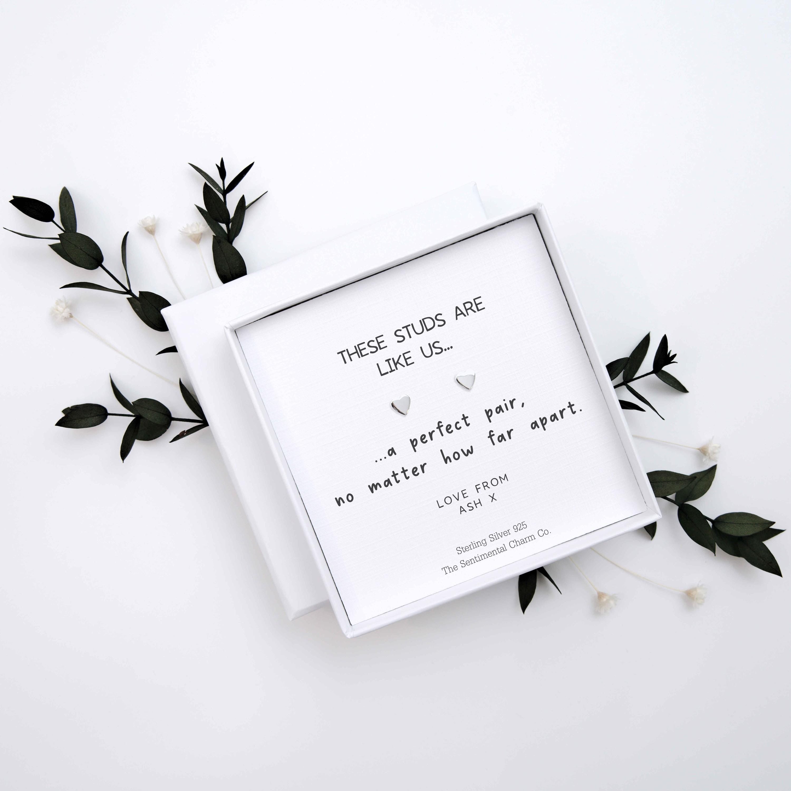 Long Distance Friendship Gift – “A Perfect Pair, No Matter How Far Apart” Sterling Silver Stud Earrings with Personalised Message