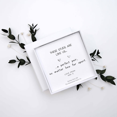 Long Distance Friendship Gift – “A Perfect Pair, No Matter How Far Apart” Sterling Silver Stud Earrings with Personalised Message