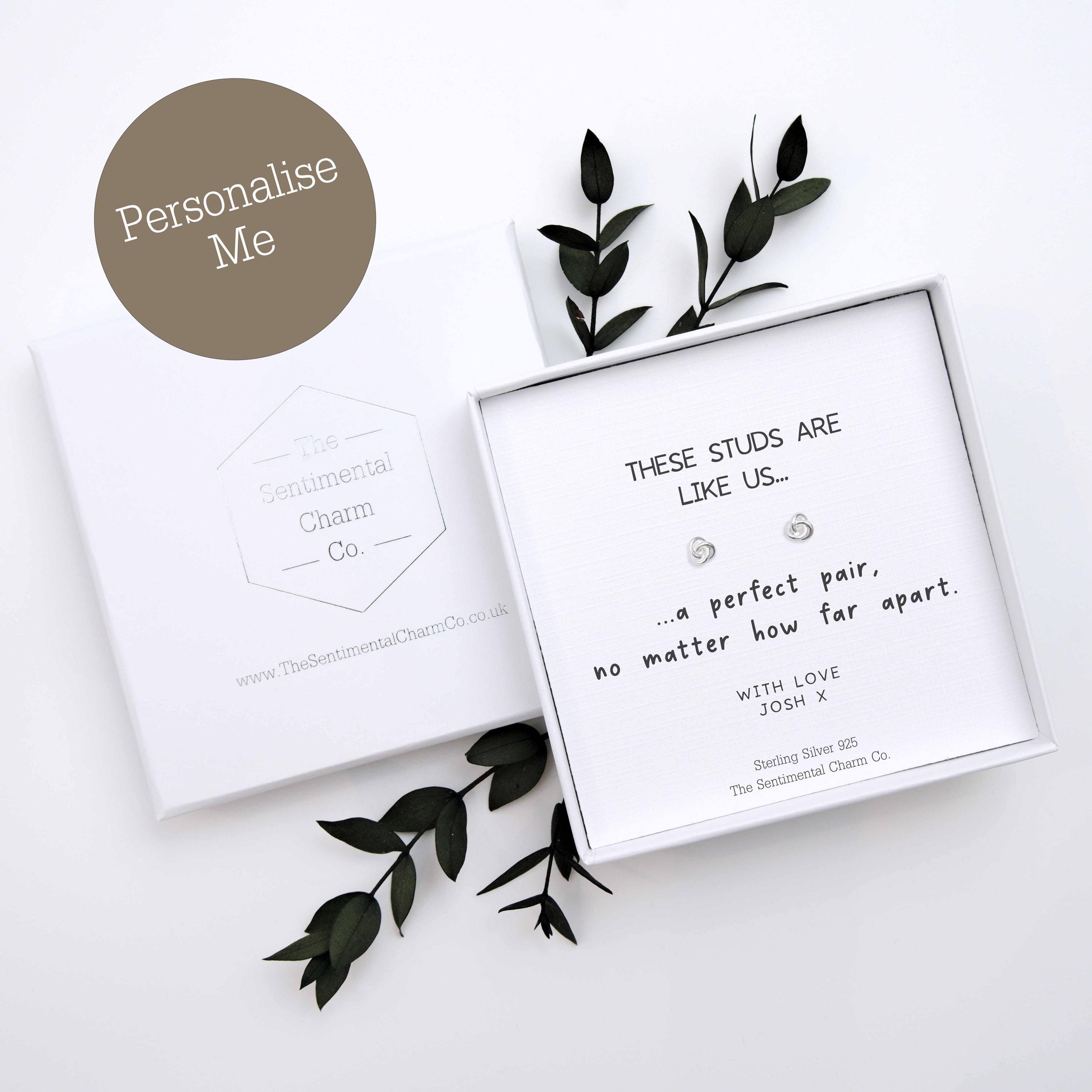 Long Distance Friendship Gift – “A Perfect Pair, No Matter How Far Apart” Sterling Silver Stud Earrings with Personalised Message