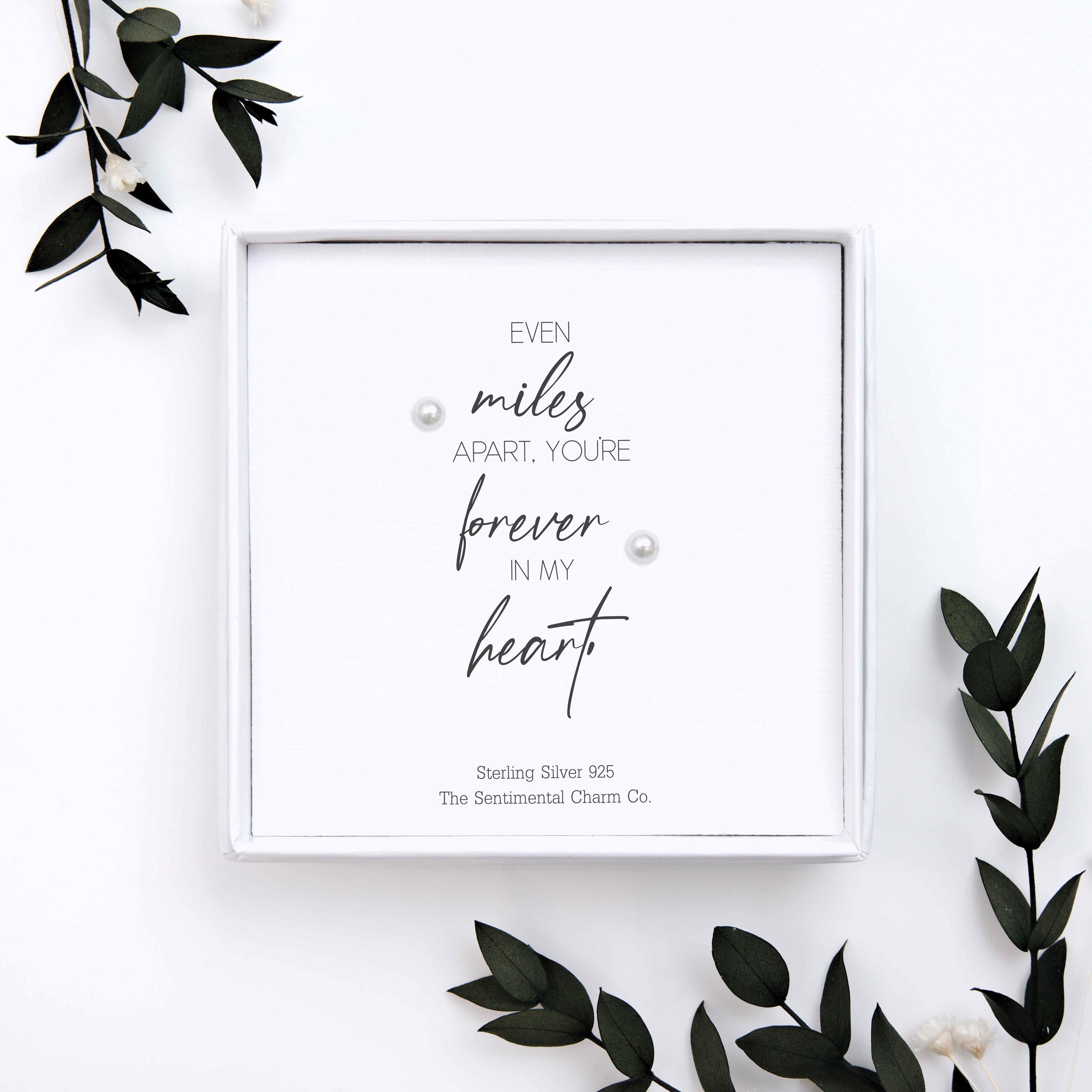 Long Distance Keepsake Gift – “Even Miles Apart, You’re Forever in My Heart” Sterling Silver Stud Earrings with Personalised Message