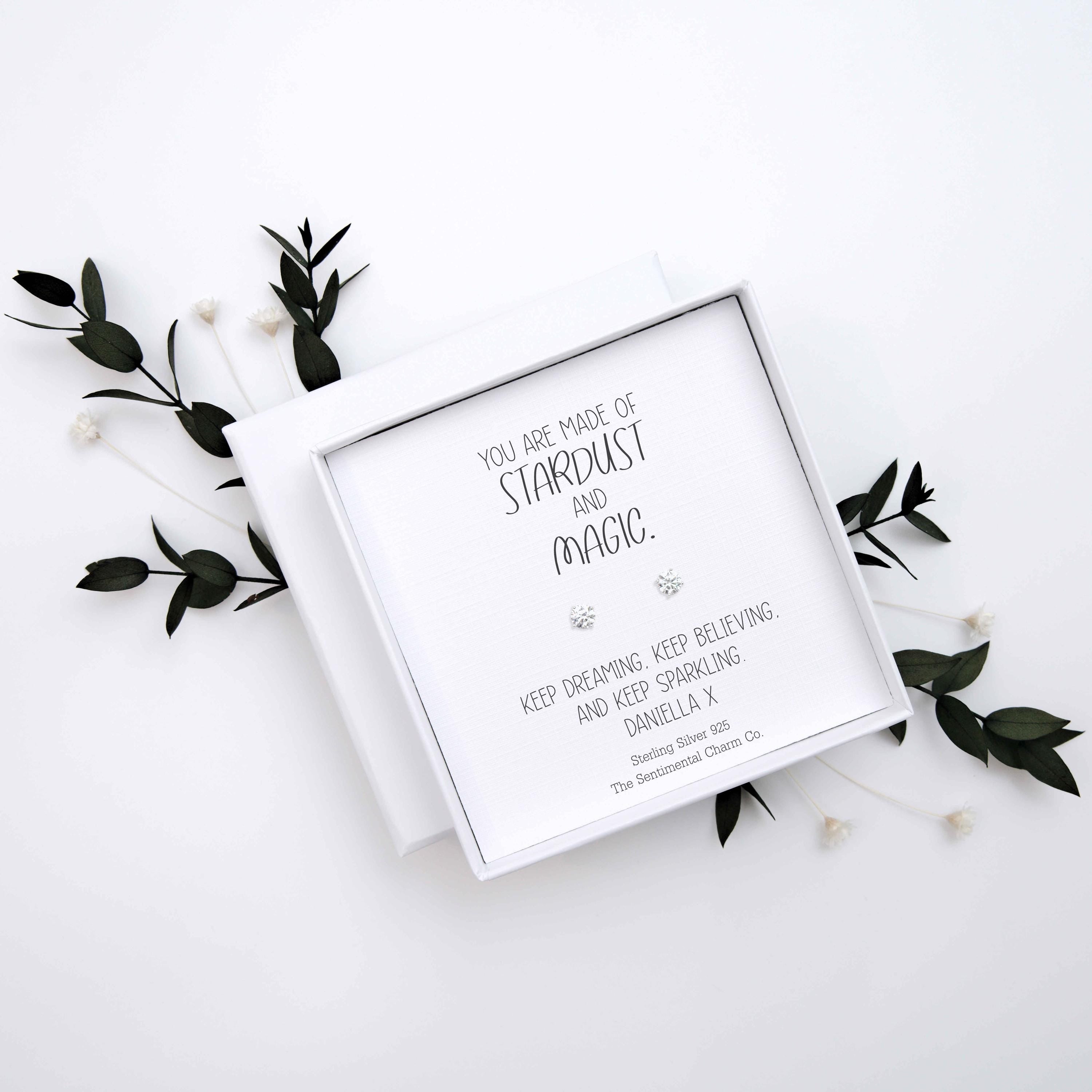 Encouragement Gift – “You Are Made of Stardust and Magic” Sterling Silver Stud Earrings with Personalised Message