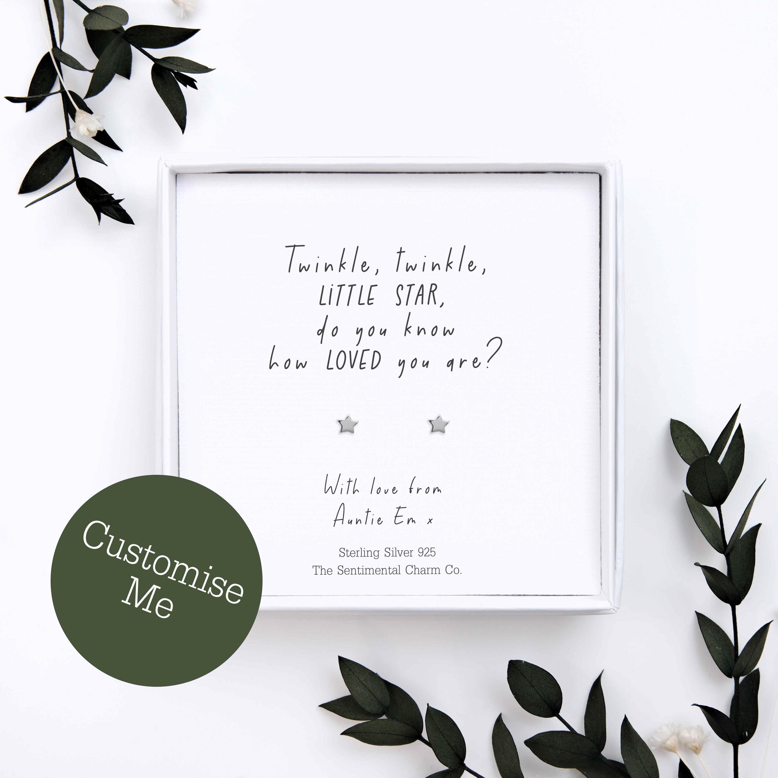Sentimental Gift – “Twinkle, Twinkle, Little Star” Sterling Silver Stud Earrings with Personalised Message