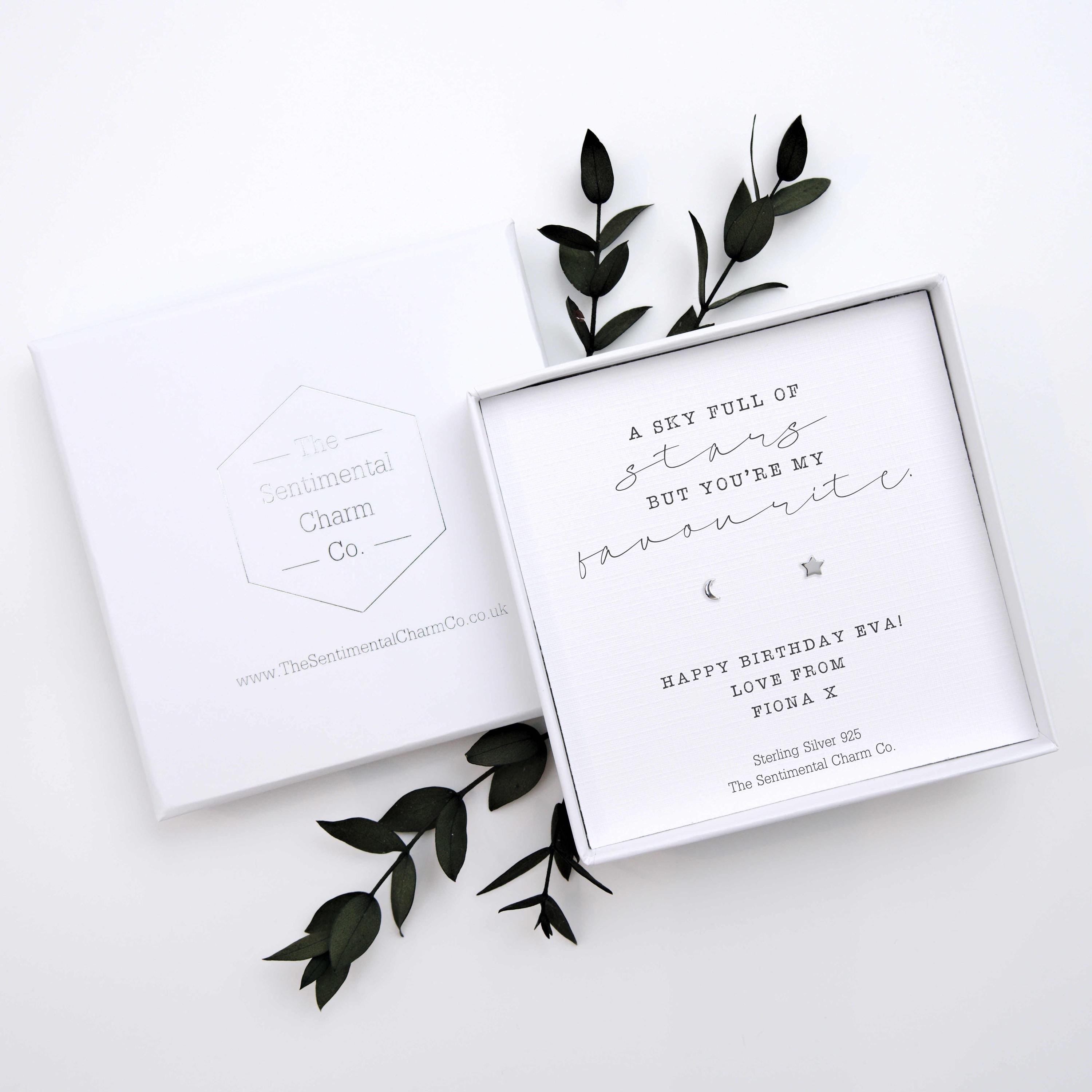 Small Gift of Love – “A Sky Full of Stars, But You’re My Favourite” Sterling Silver Stud Earrings with Personalised Message