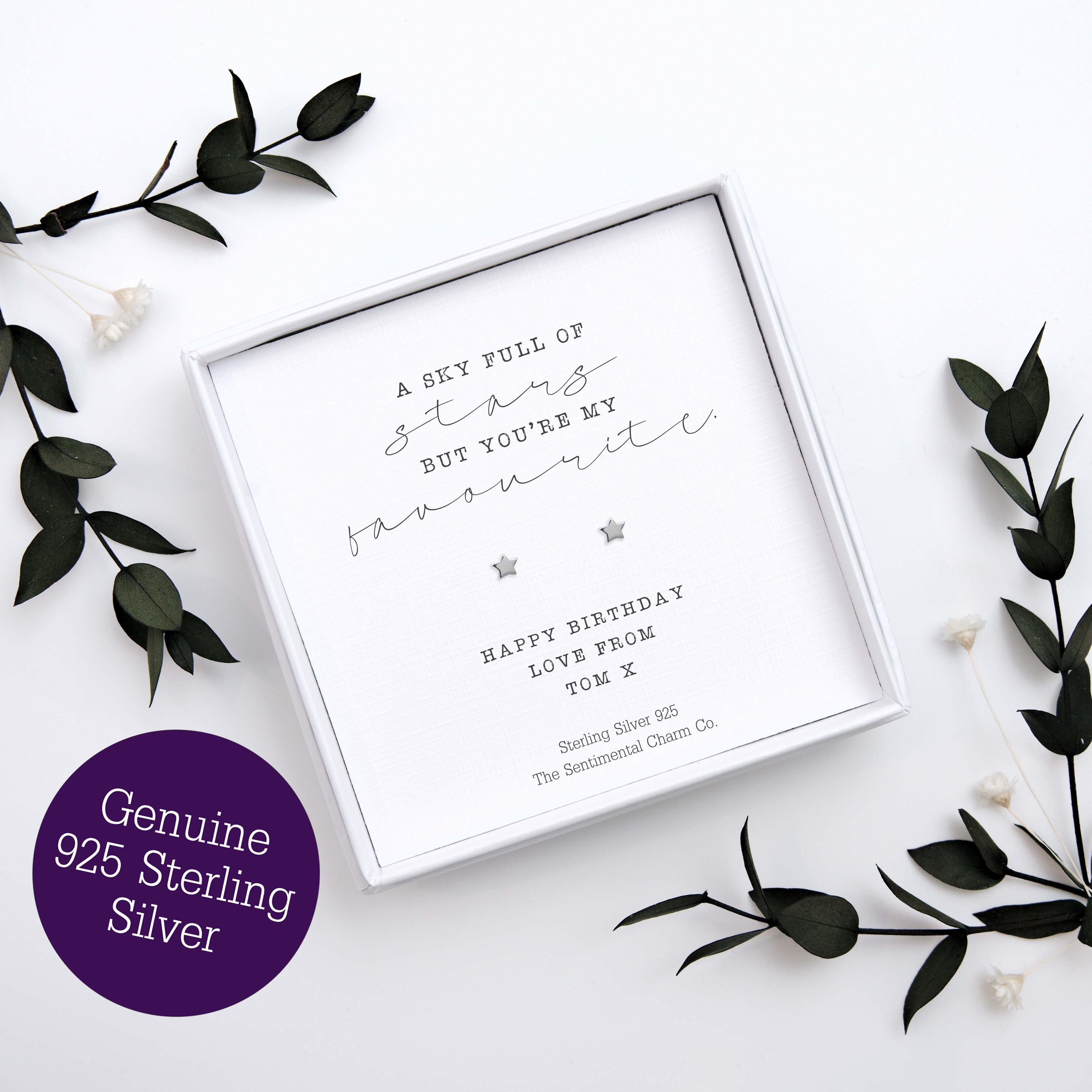 Small Gift of Love – “A Sky Full of Stars, But You’re My Favourite” Sterling Silver Stud Earrings with Personalised Message