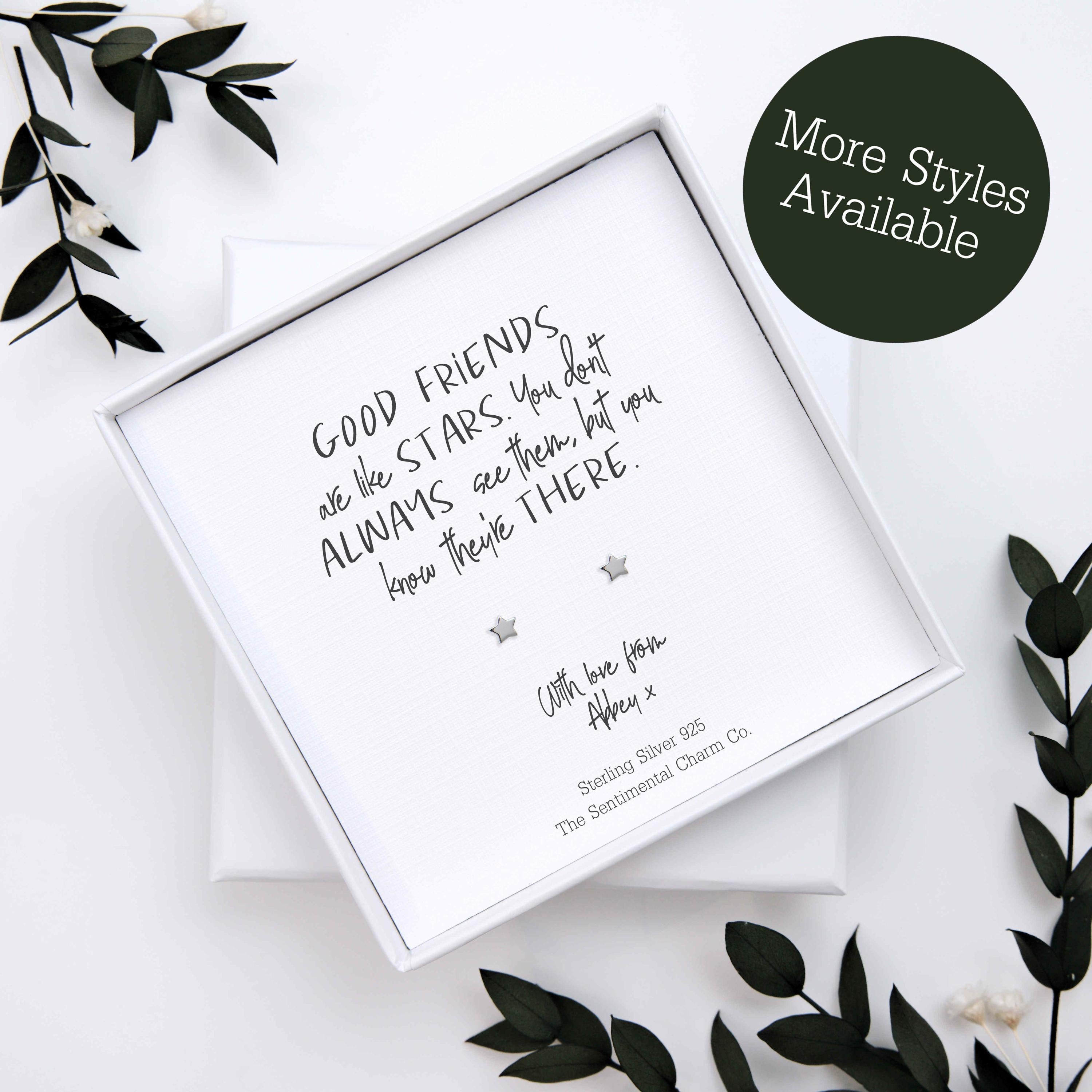 Friendship Gift – “Good Friends Are Like Stars” Sterling Silver Geometric Stud Earrings with Personalised Message
