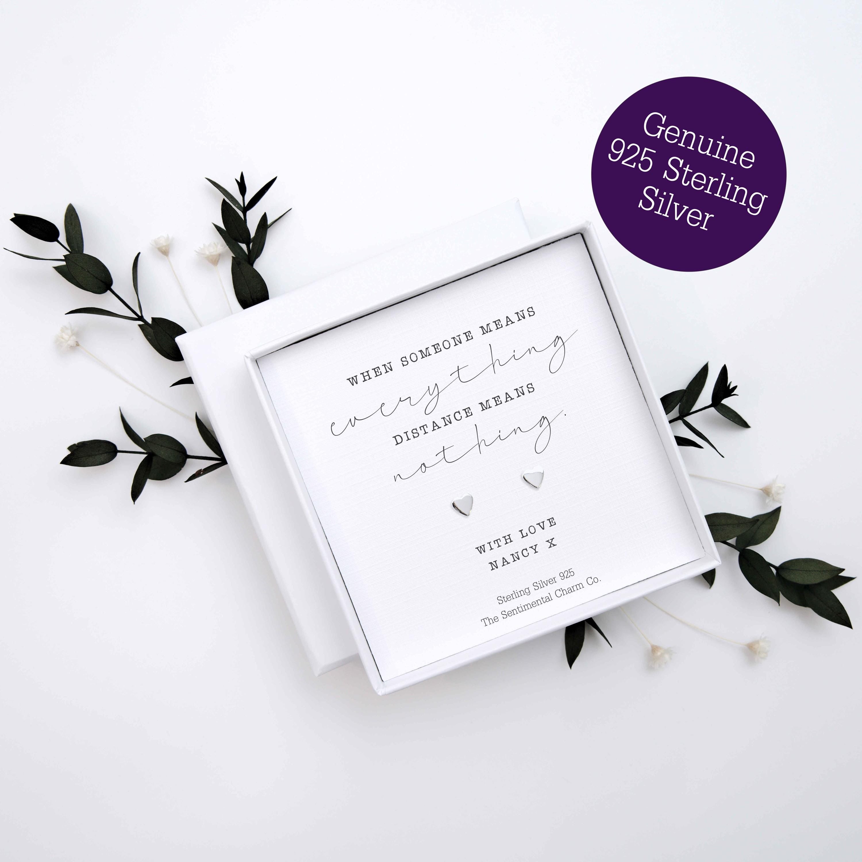 Long Distance Friendship Gift – “When Someone Means Everything, Distance Means Nothing” Sterling Silver Stud Earrings with Personalised Message