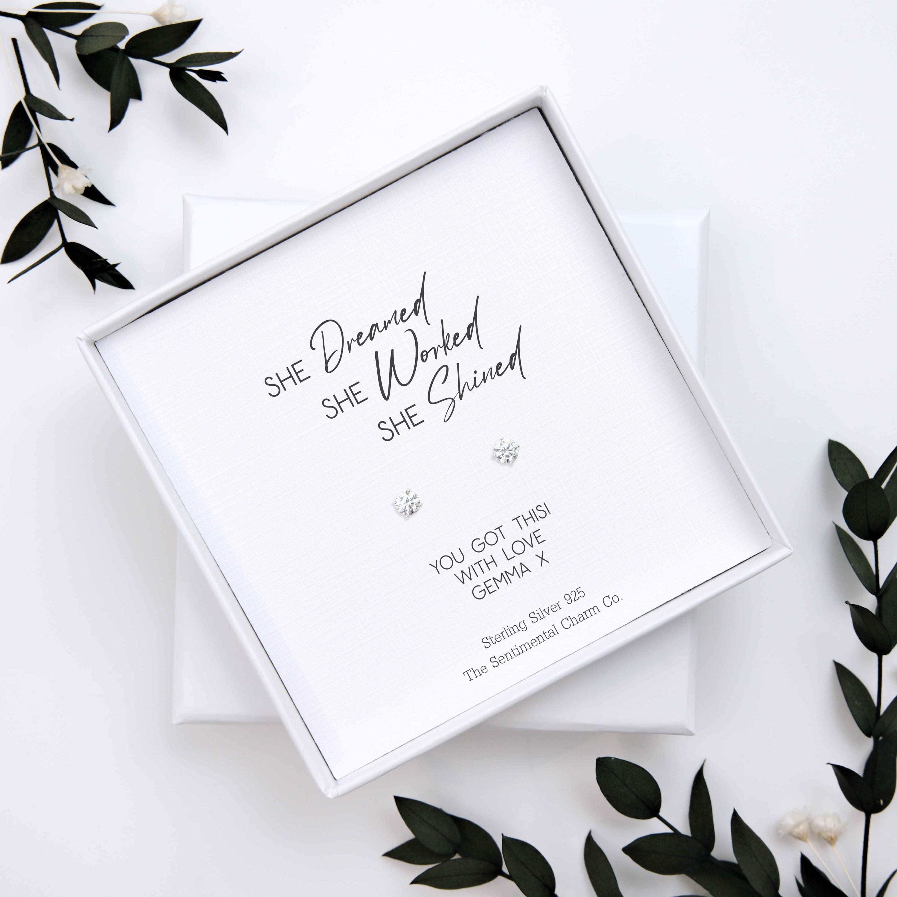 Female Boss Gift – Sterling Silver Stud Earrings “She Dreamed, She Worked, She Shined”