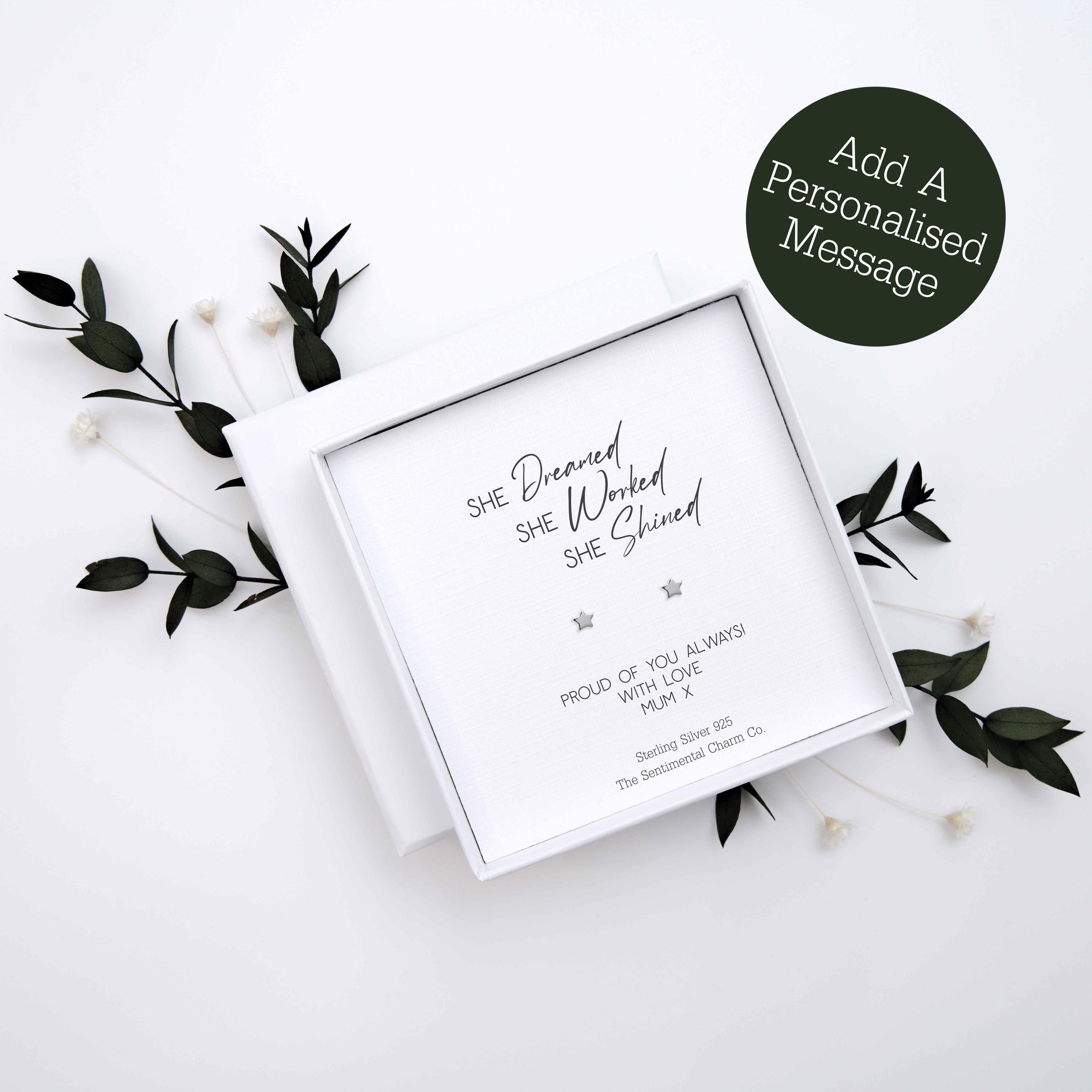 Female Boss Gift – Sterling Silver Stud Earrings “She Dreamed, She Worked, She Shined”