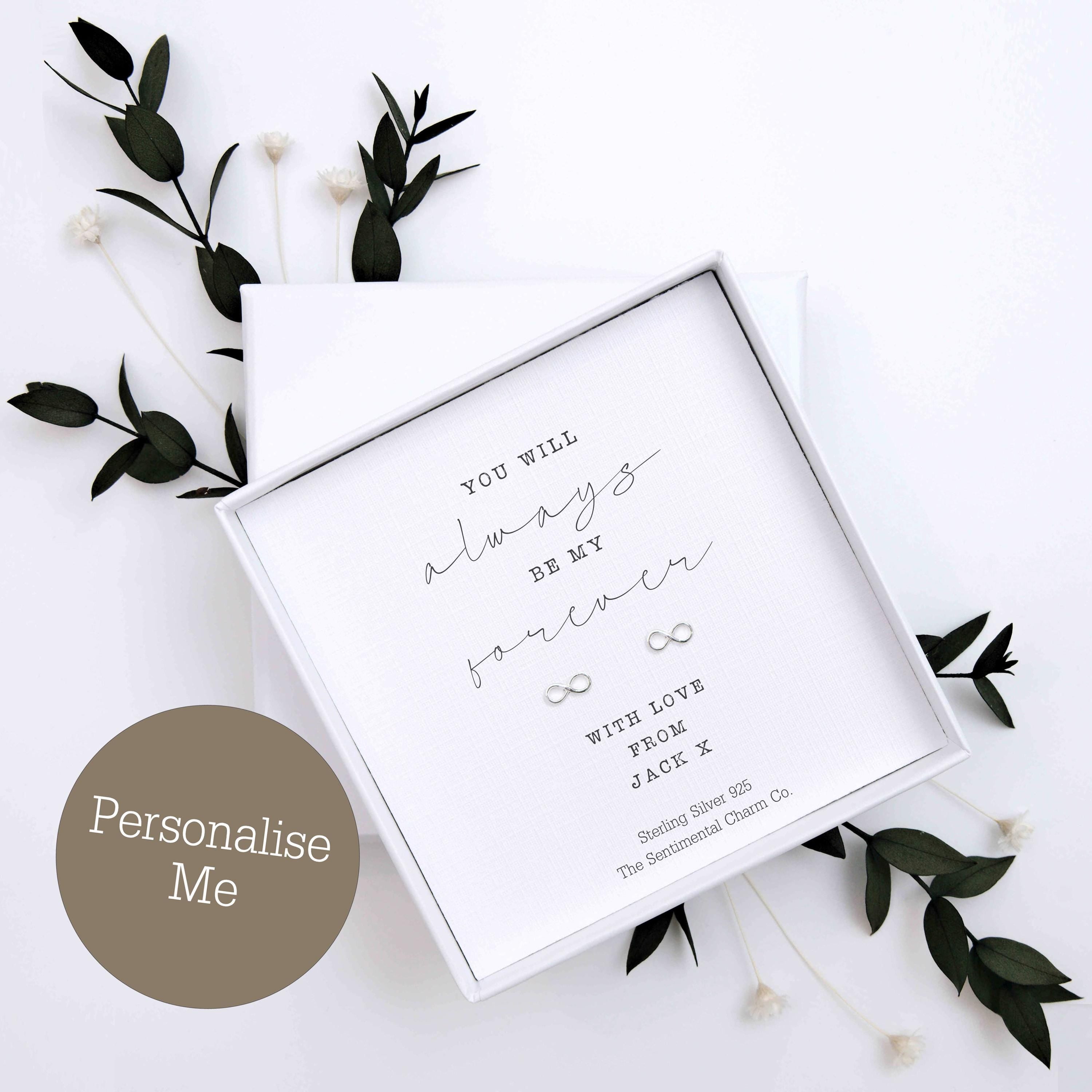Forever Love Gift – “You Will Always Be My Forever” Sterling Silver Stud Earrings with Personalised Message