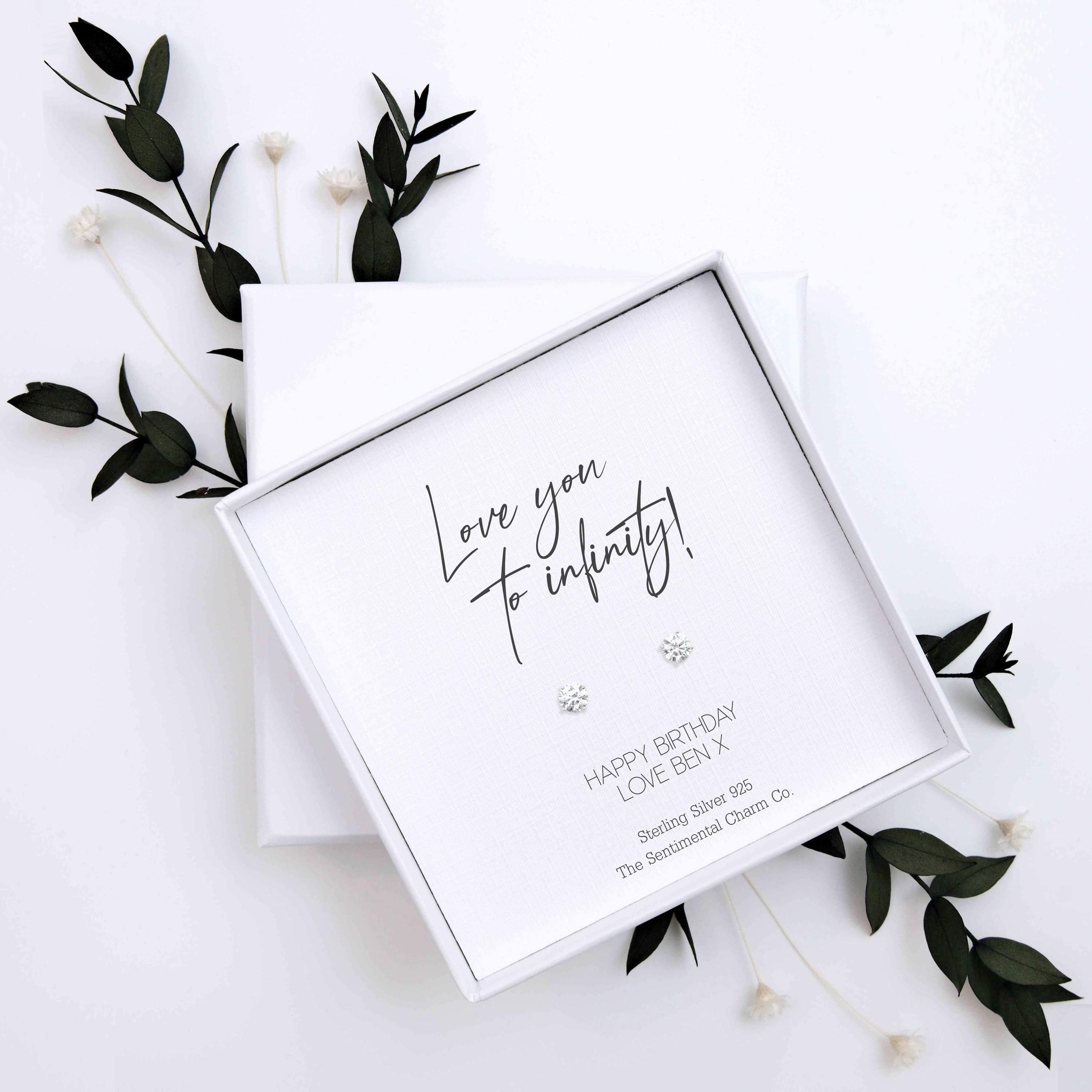 Infinity Love Gift – “Love You to Infinity” Sterling Silver Stud Earrings with Personalised Message