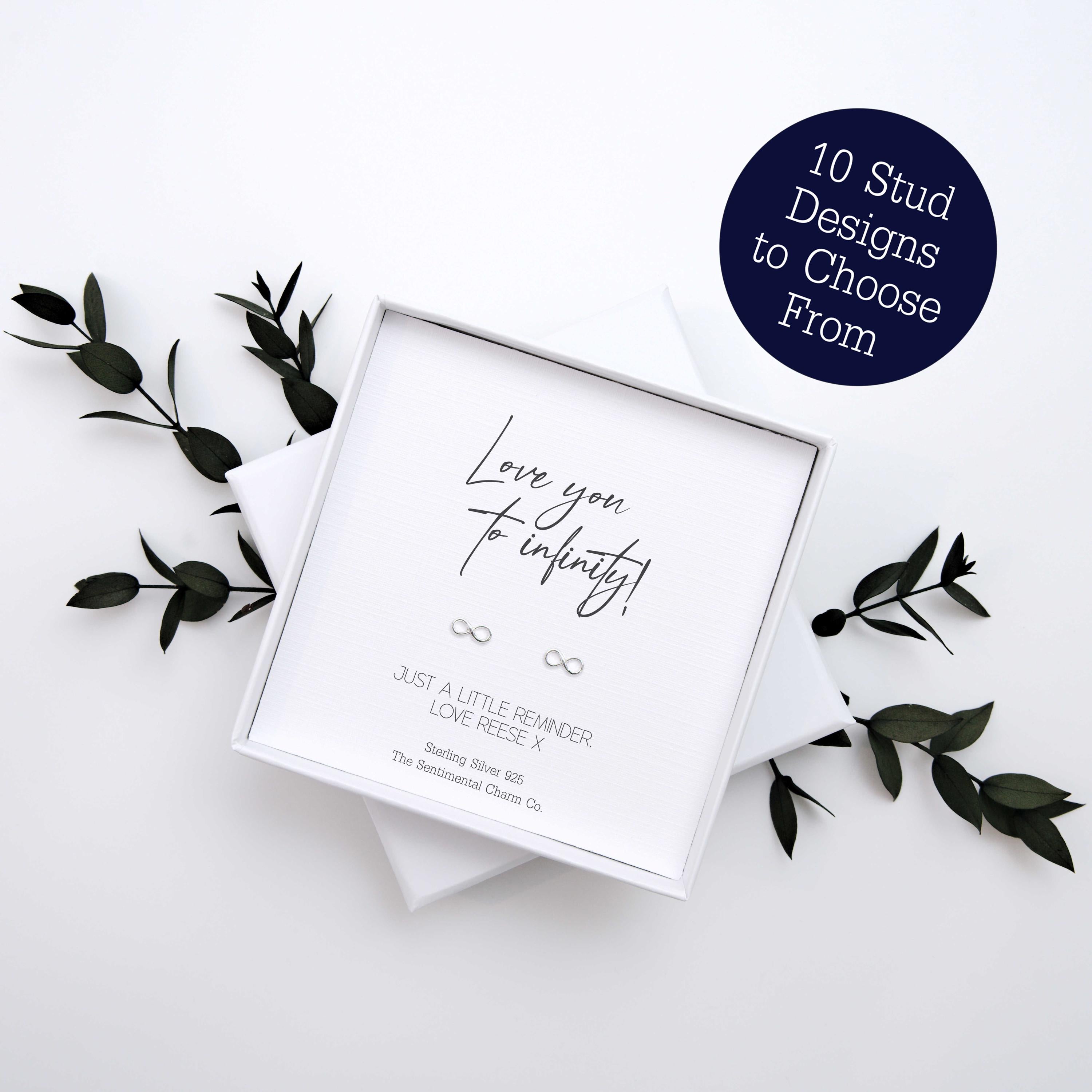 Infinity Love Gift – “Love You to Infinity” Sterling Silver Stud Earrings with Personalised Message