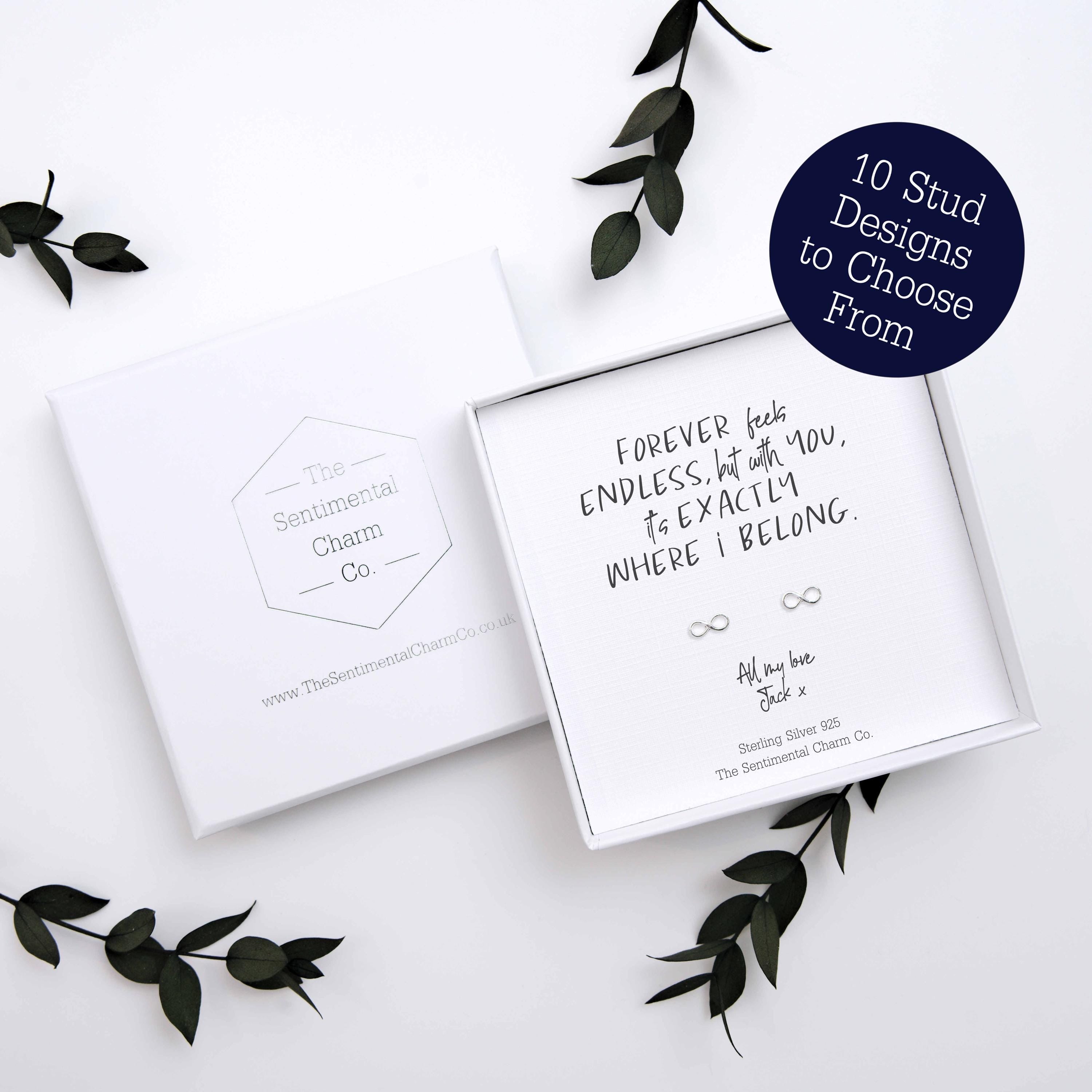 Romantic Anniversary Gift – “Where I Belong” Sterling Silver Stud Earrings with Personalised Message