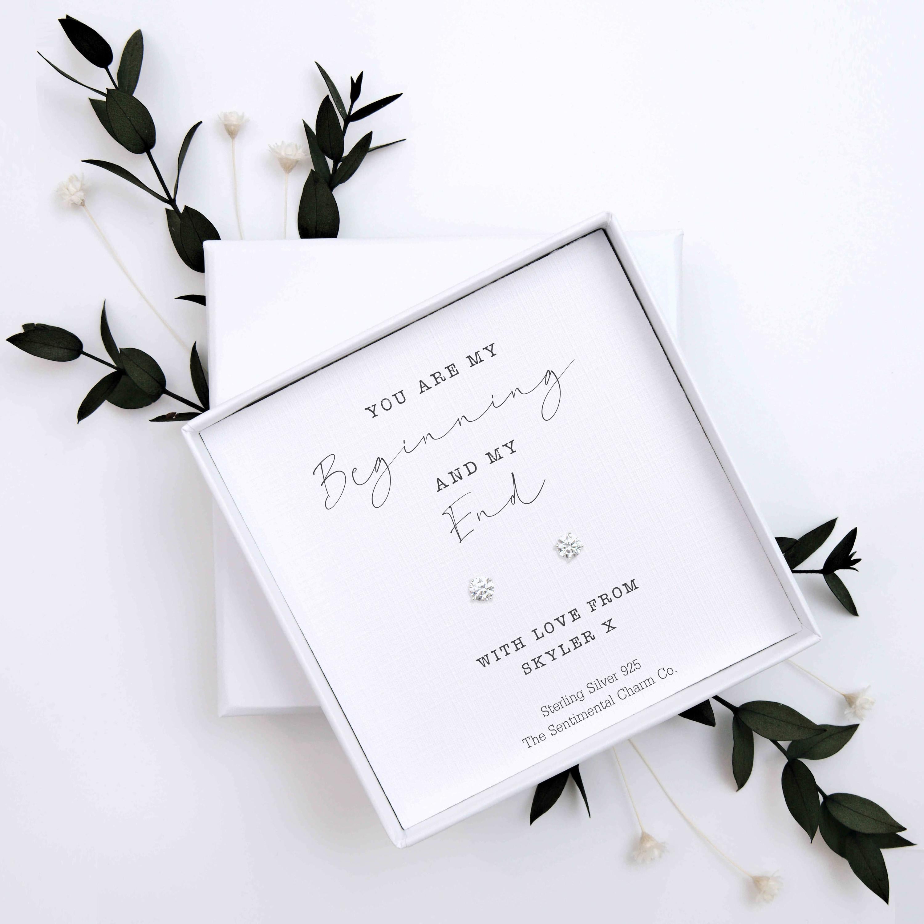 Eternal Love Gift – “You Are My Beginning and My End” Sterling Silver Stud Earrings with Personalised Message