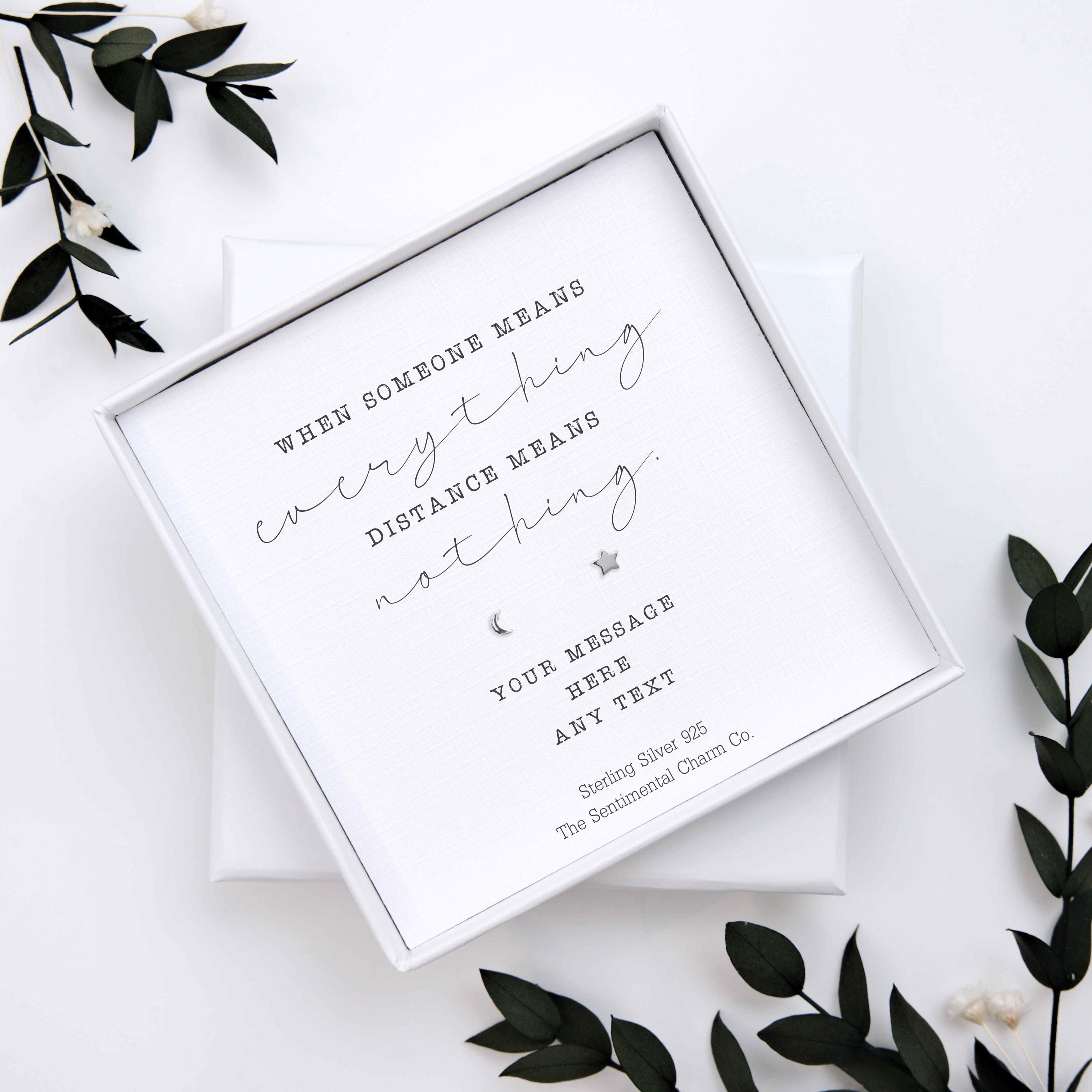 Long Distance Friendship Gift – “When Someone Means Everything, Distance Means Nothing” Sterling Silver Stud Earrings with Personalised Message