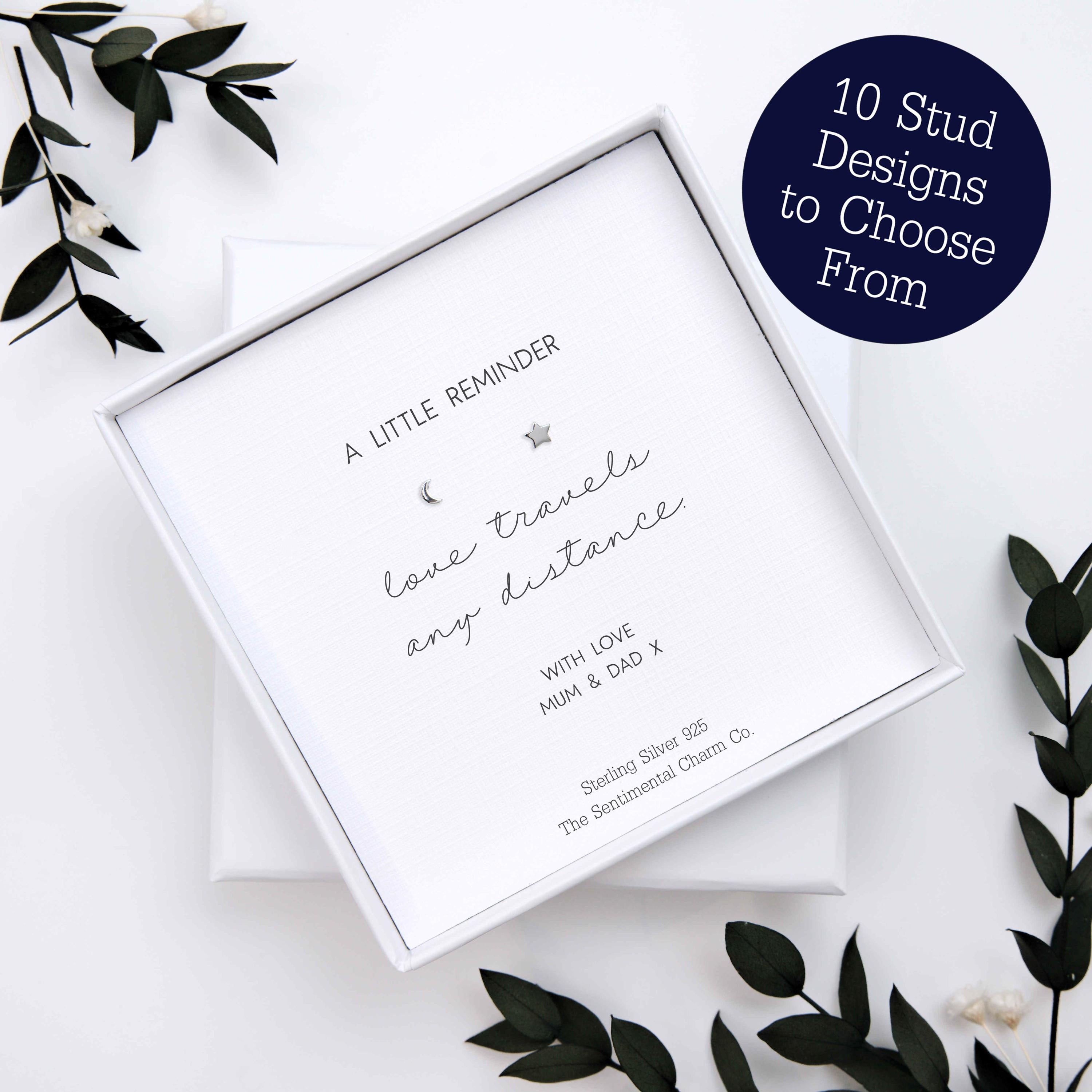 Long Distance Keepsake Gift – “Love Travels Any Distance” Sterling Silver Stud Earrings with Personalised Message