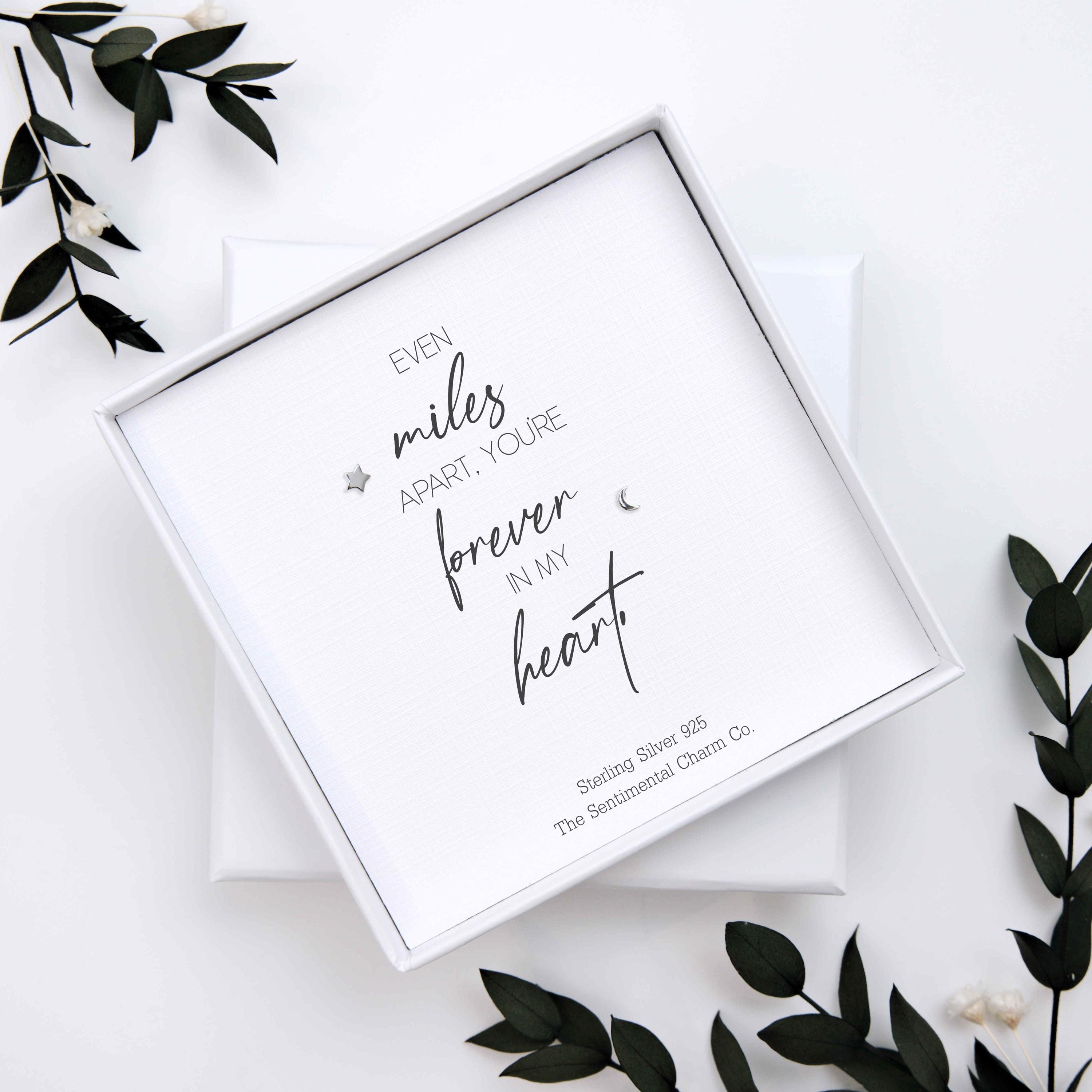 Long Distance Keepsake Gift – “Even Miles Apart, You’re Forever in My Heart” Sterling Silver Stud Earrings with Personalised Message