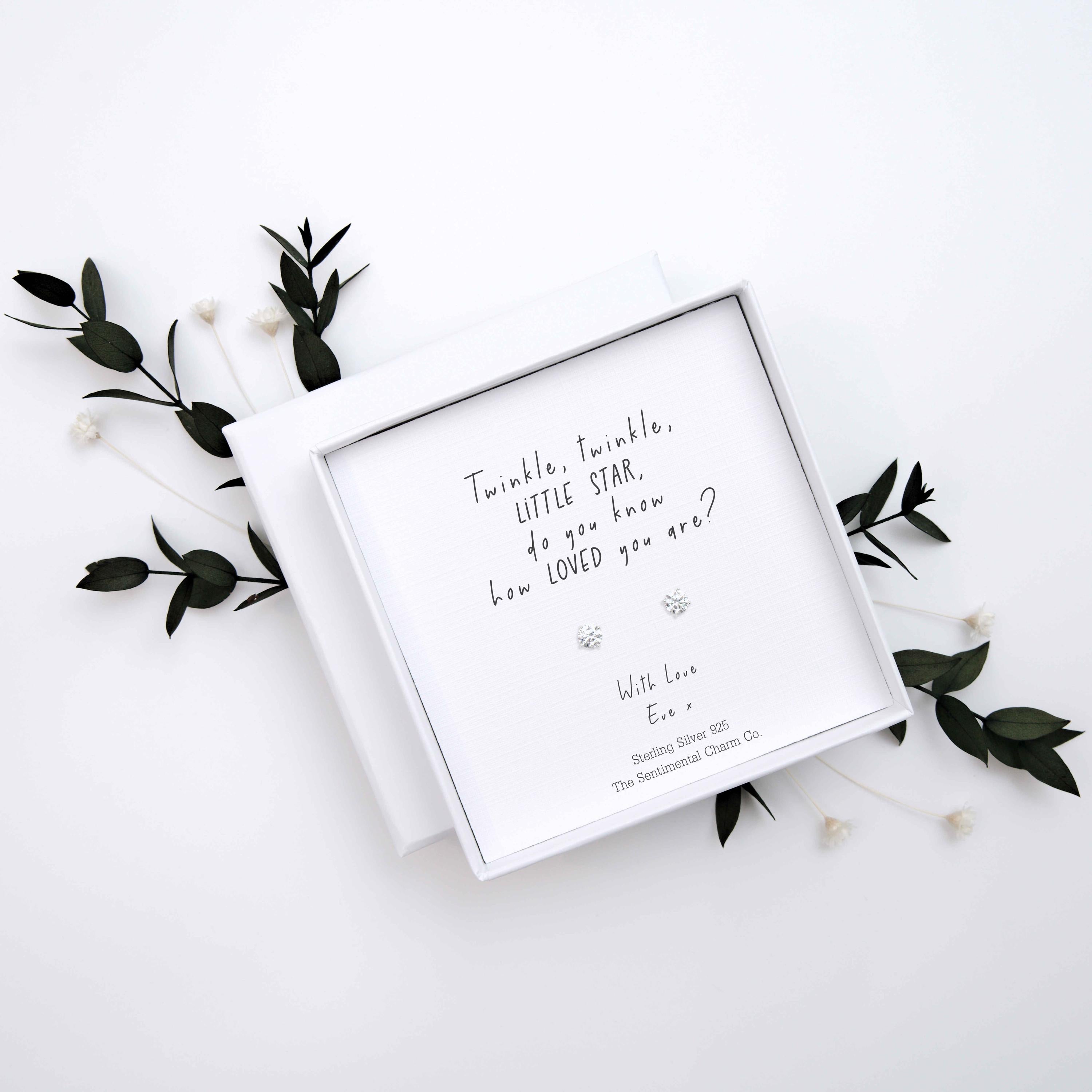 Sentimental Gift – “Twinkle, Twinkle, Little Star” Sterling Silver Stud Earrings with Personalised Message