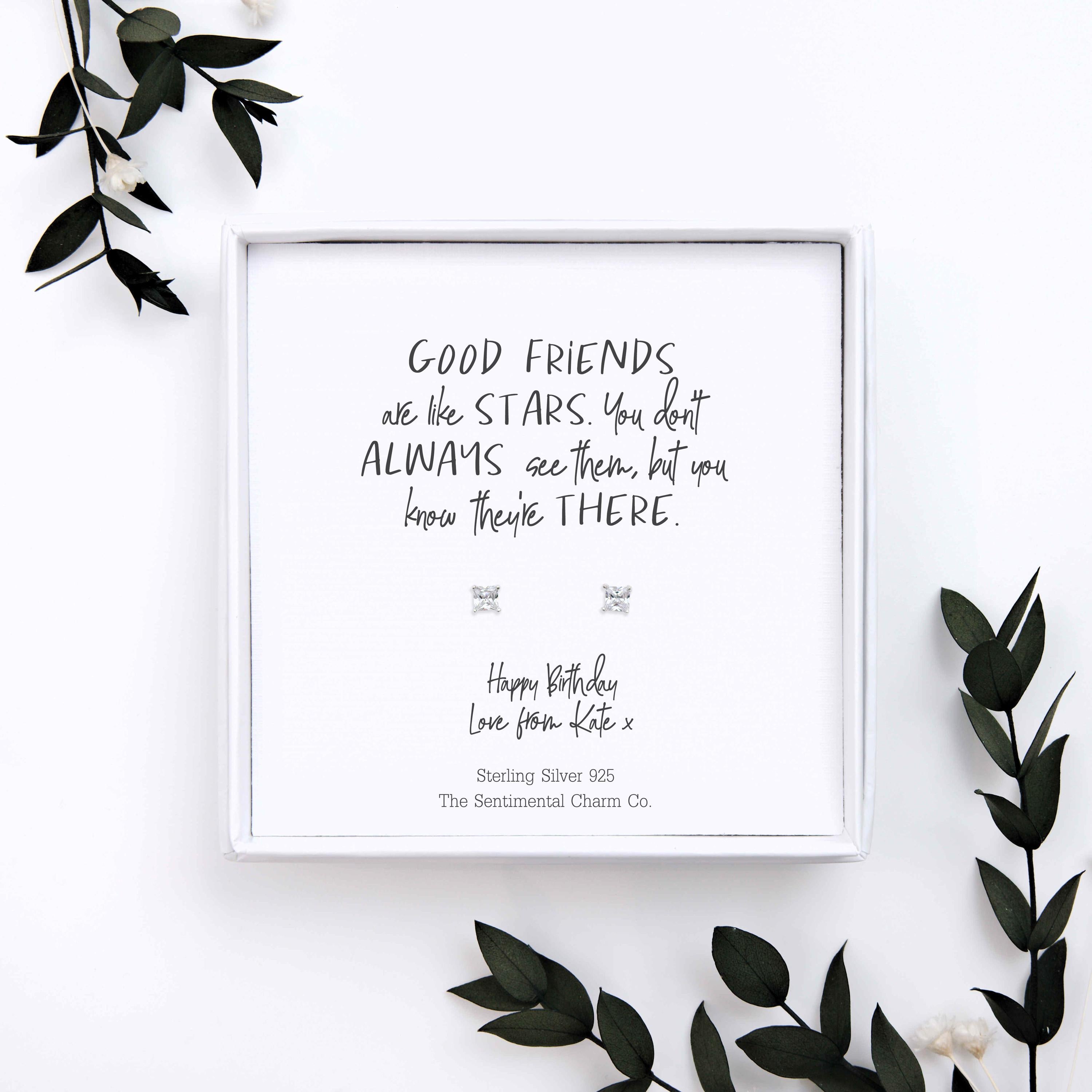 Friendship Gift – “Good Friends Are Like Stars” Sterling Silver Geometric Stud Earrings with Personalised Message