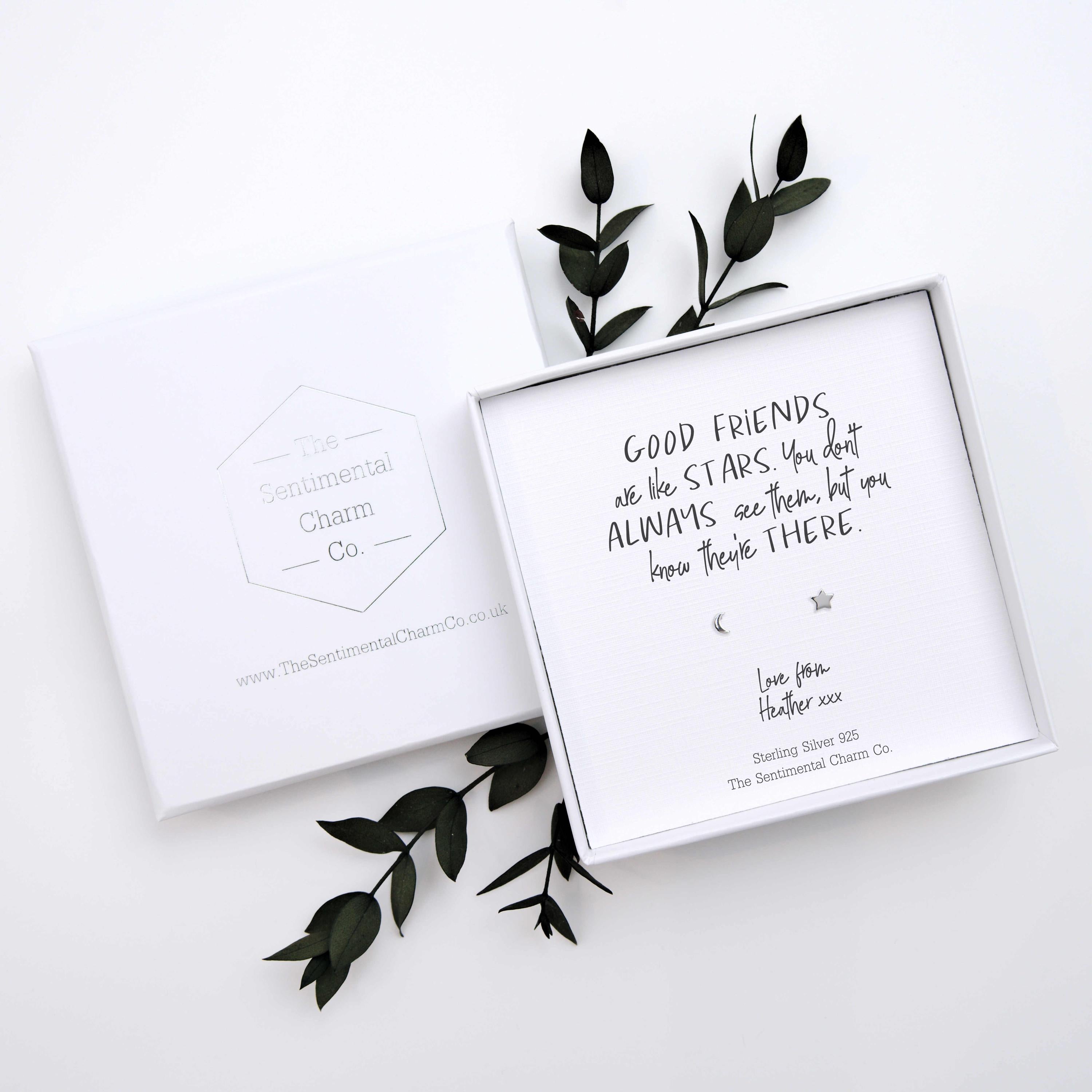Friendship Gift – “Good Friends Are Like Stars” Sterling Silver Geometric Stud Earrings with Personalised Message