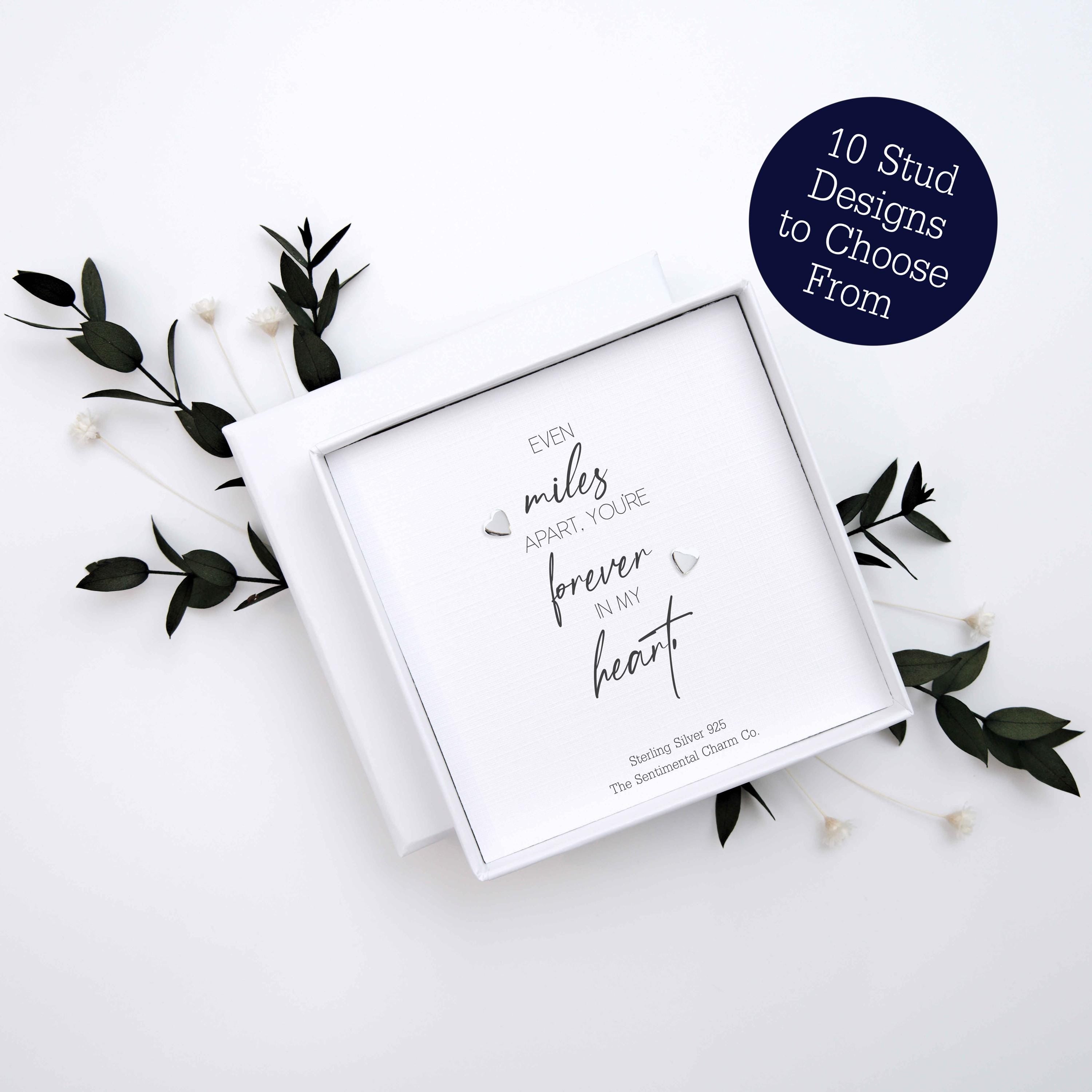 Long Distance Keepsake Gift – “Even Miles Apart, You’re Forever in My Heart” Sterling Silver Stud Earrings with Personalised Message