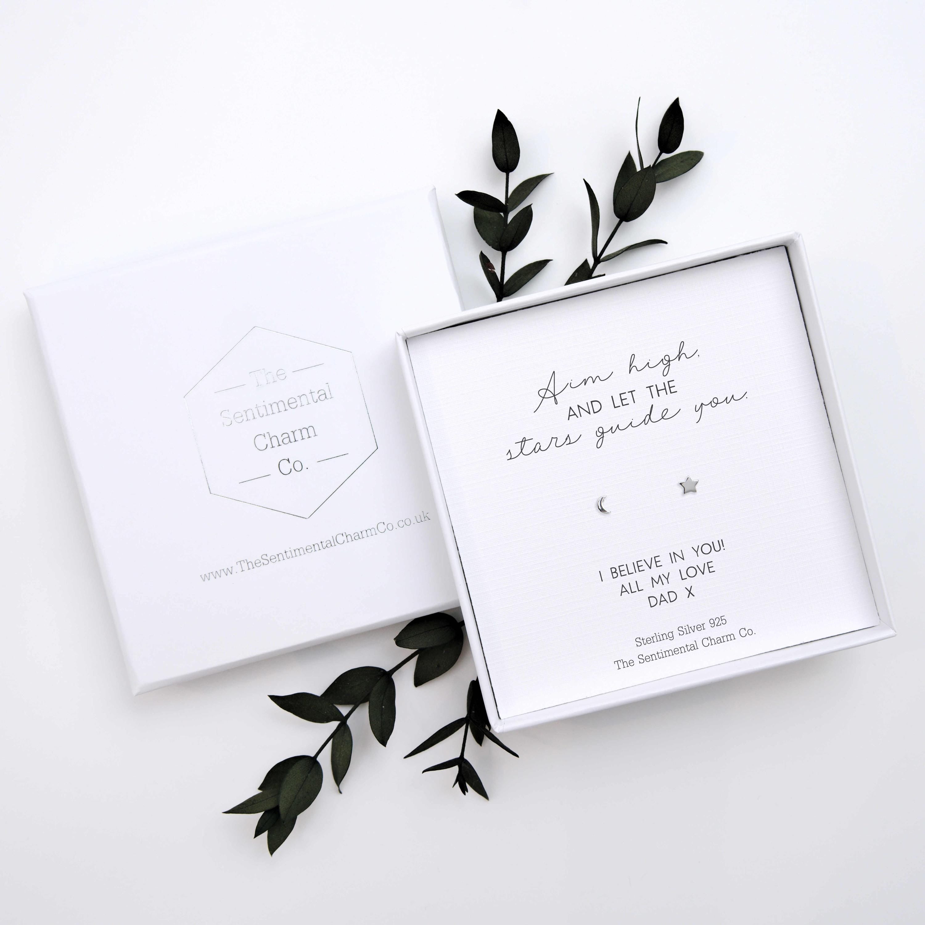 Good Luck Gift – “Aim High and Let the Stars Guide You” Sterling Silver Stud Earrings with Personalised Message