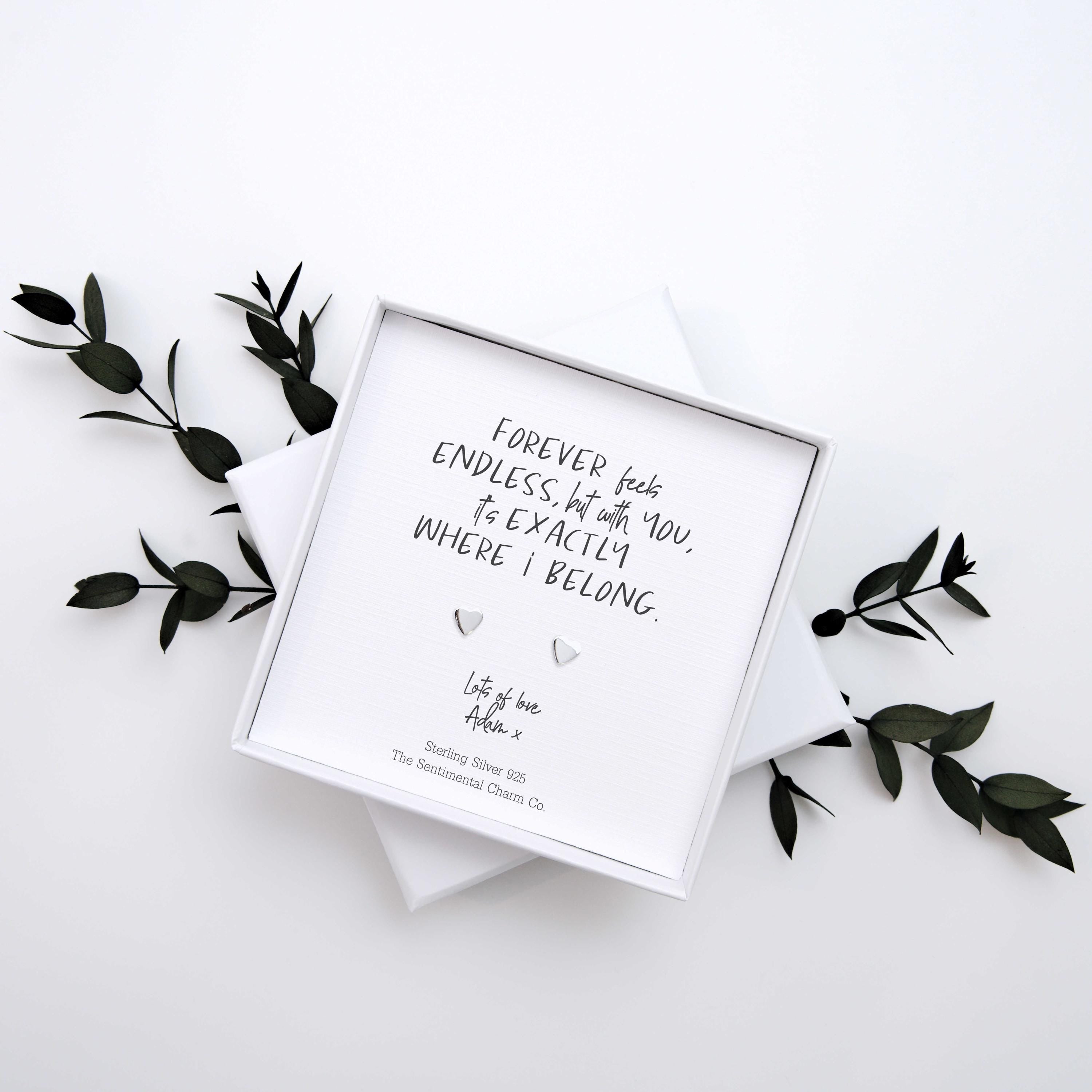 Romantic Anniversary Gift – “Where I Belong” Sterling Silver Stud Earrings with Personalised Message