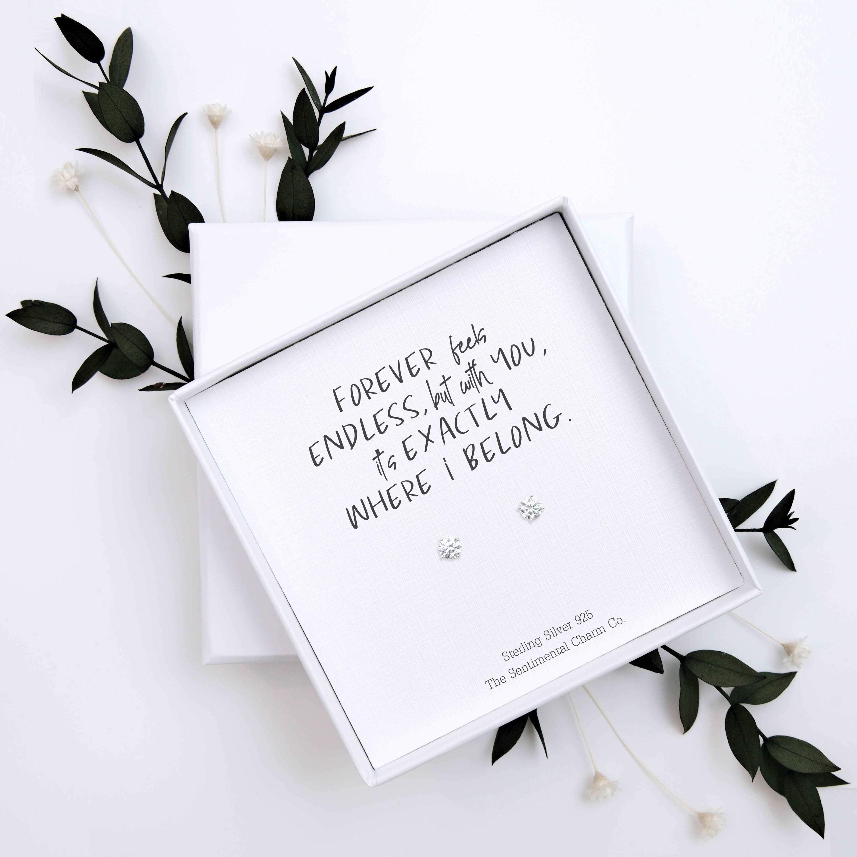 Romantic Anniversary Gift – “Where I Belong” Sterling Silver Stud Earrings with Personalised Message
