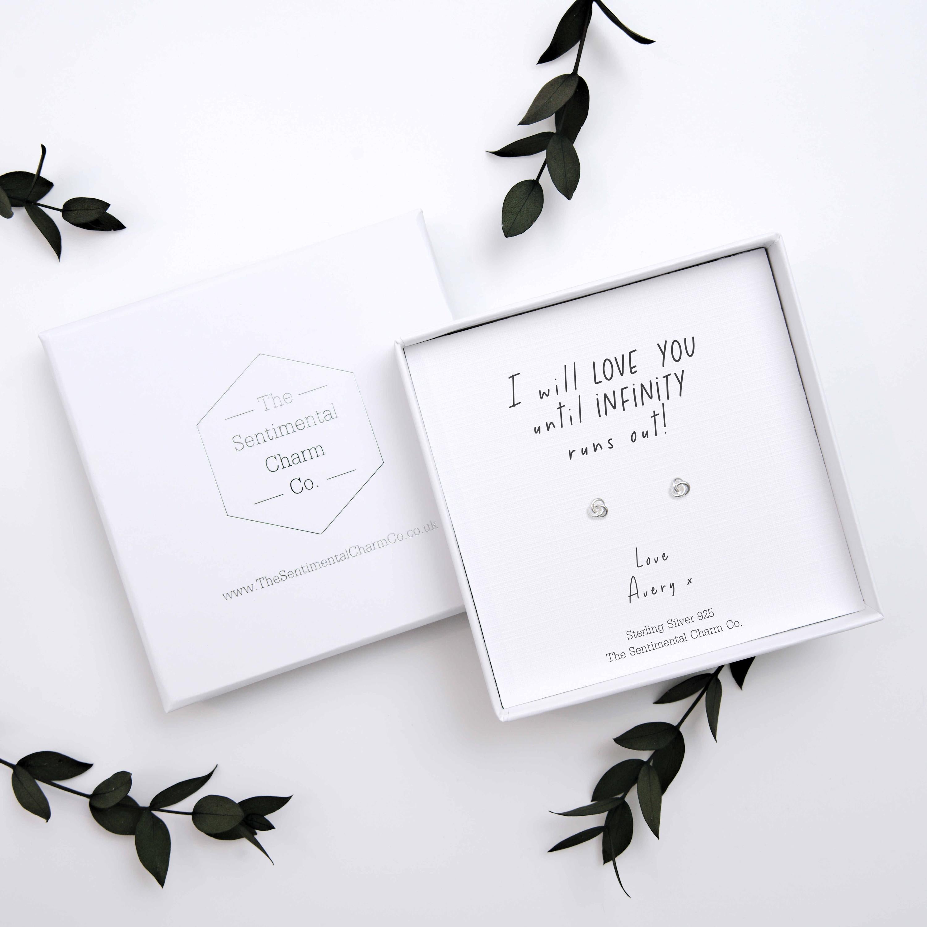 Anniversary Gift – “I Will Love You Until Infinity Runs Out” Sterling Silver Stud Earrings
