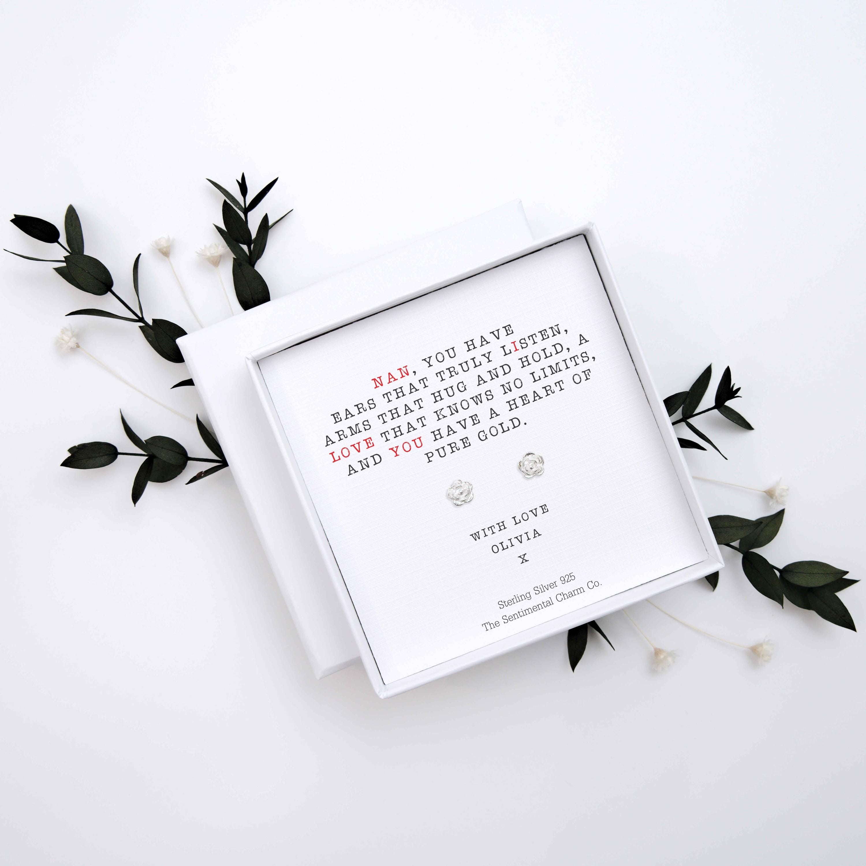 Personalised “Heart of Pure Gold” Quote Sterling Silver Stud Earrings – Custom Name & Gift Message