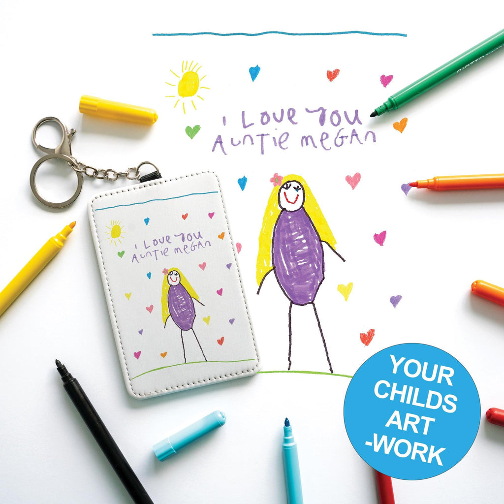 Personalised Childs Artwork Card Holder Keyring Gift for Mum, Nan, Auntie, Godmother, Teacher etc Custom Printed Kids Drawing Slim Wallet