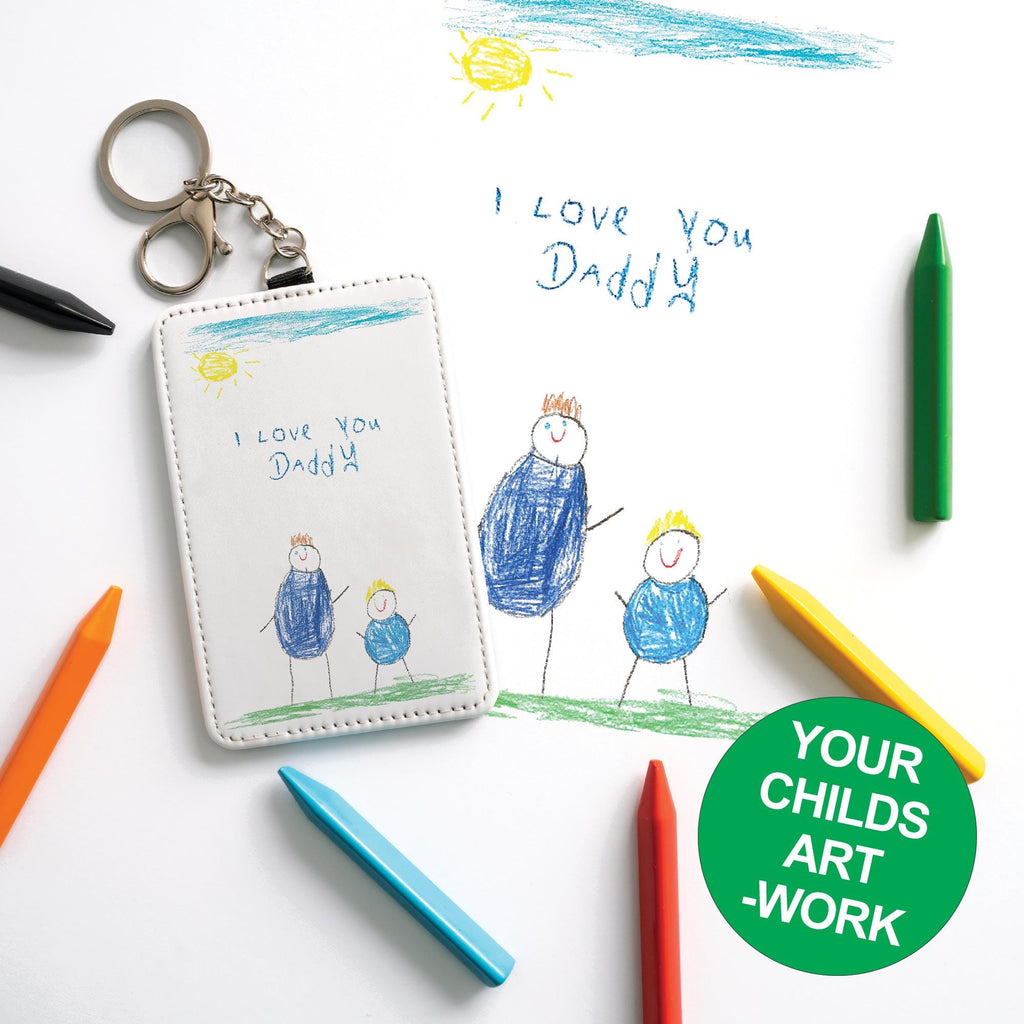 Custom Kids Artwork Card Holder Keychain - Personalised Childs Drawing Gift for Dad, Daddy, Grandad, Grandpa, Etc